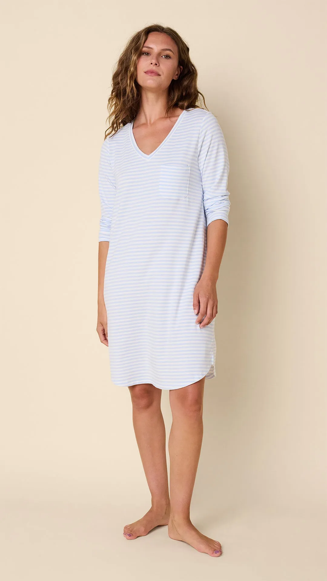 Essential Stripe Pima Knit Long-Sleeve Sleep Shirt - Heavenly Blue