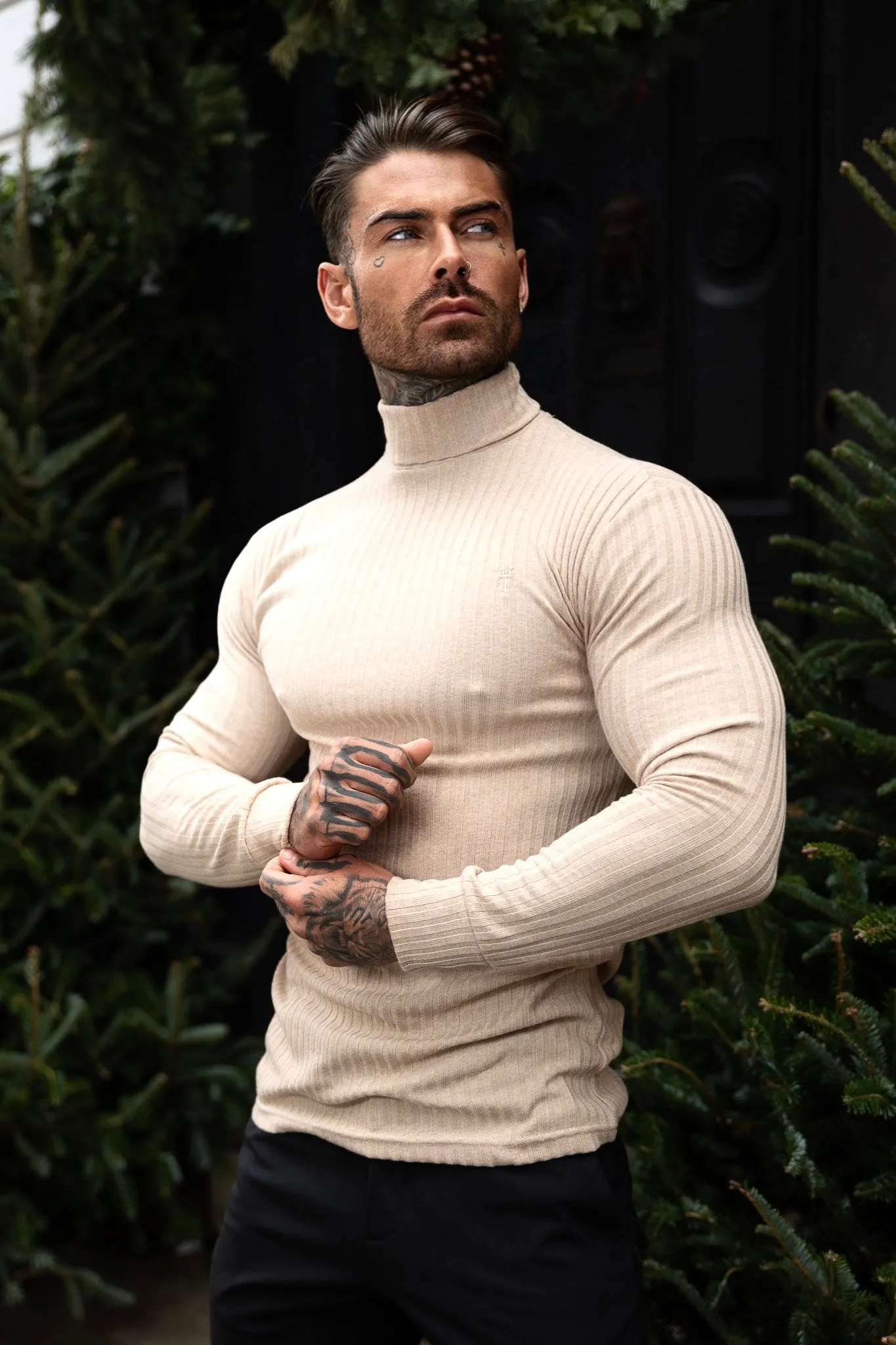 Father Sons Classic Beige Ribbed Knit Roll-neck Sweater - FSH959