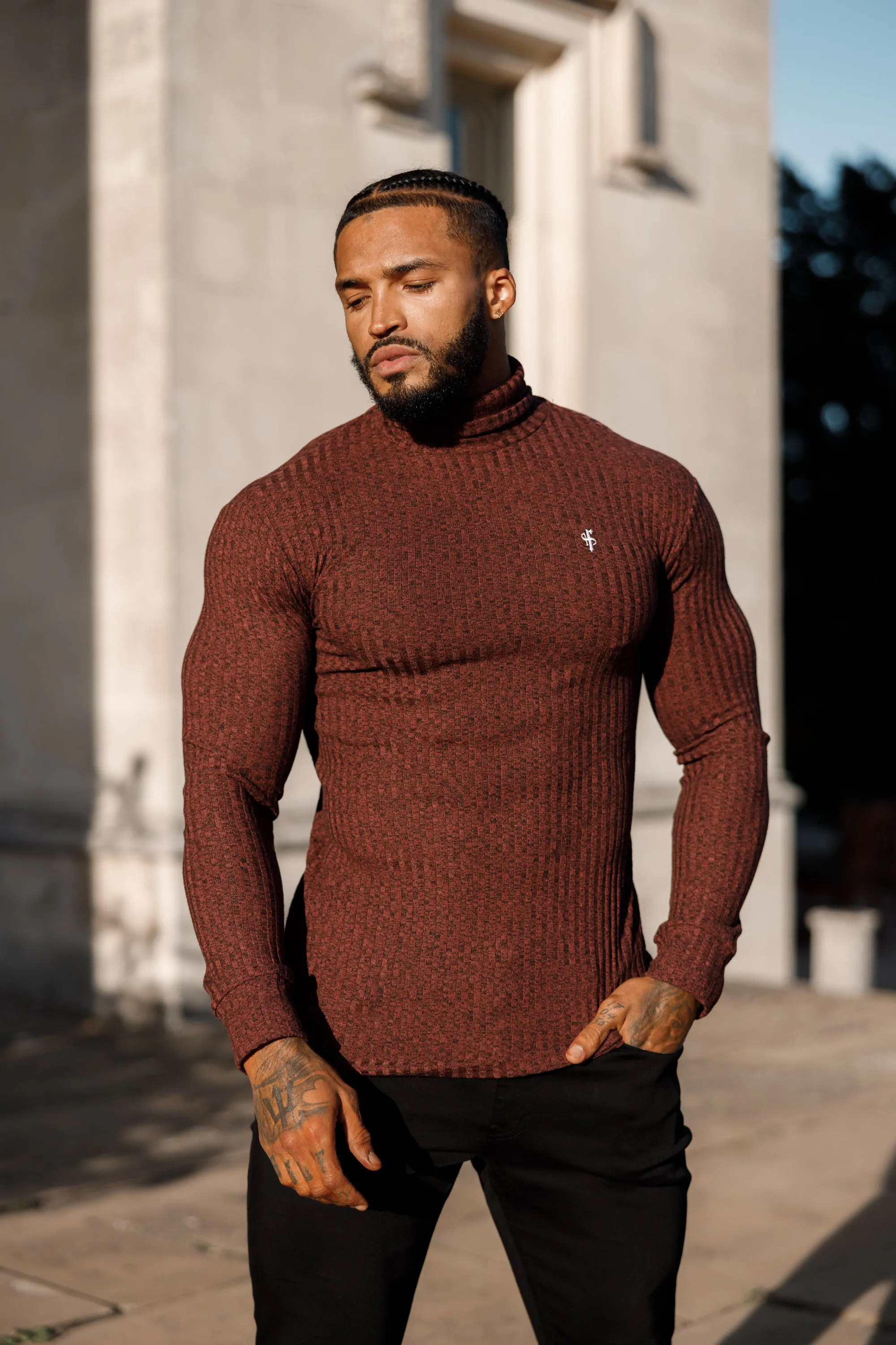 Father Sons Classic Burgundy Ribbed Knit Roll neck Sweater - FSH775