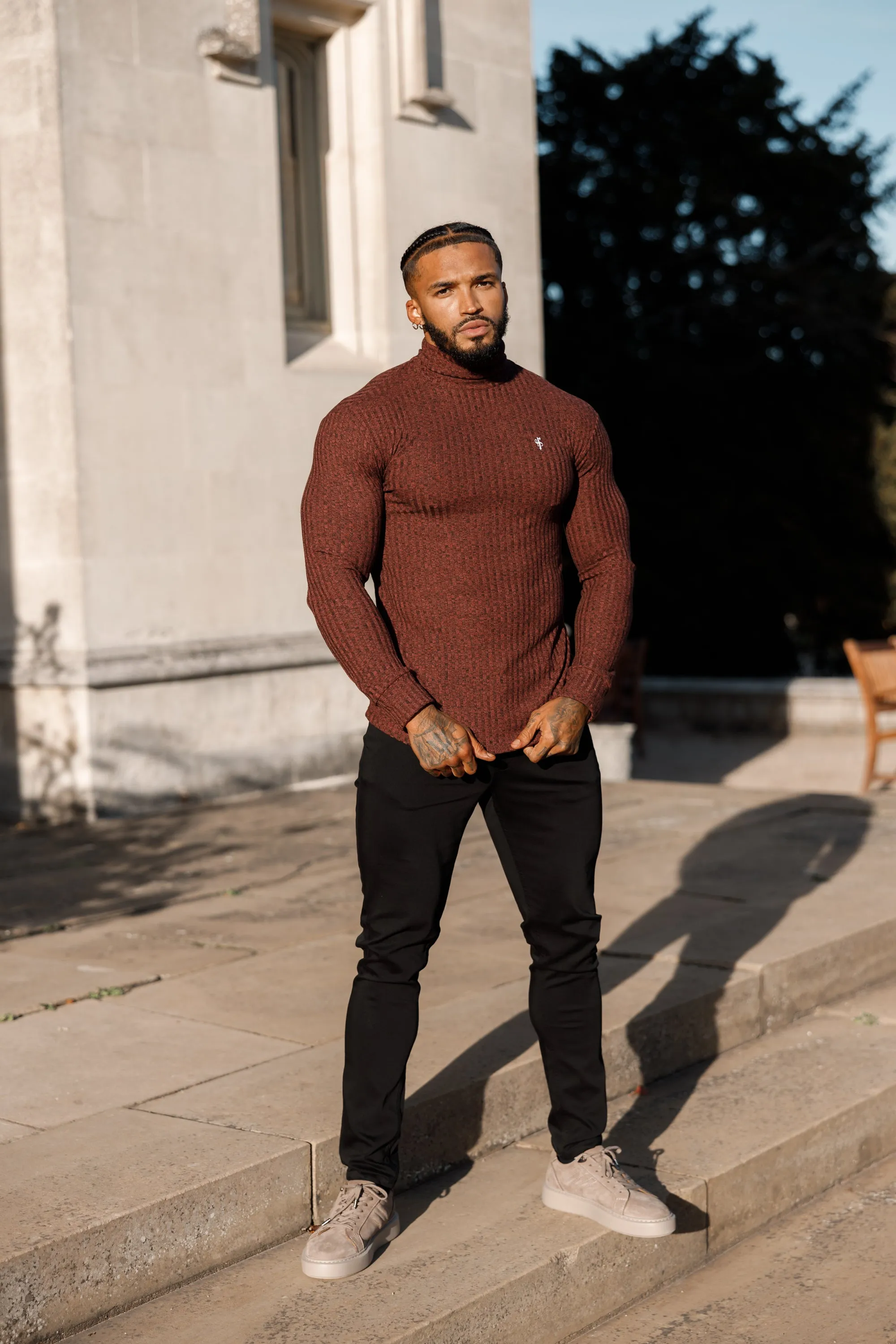 Father Sons Classic Burgundy Ribbed Knit Roll neck Sweater - FSH775