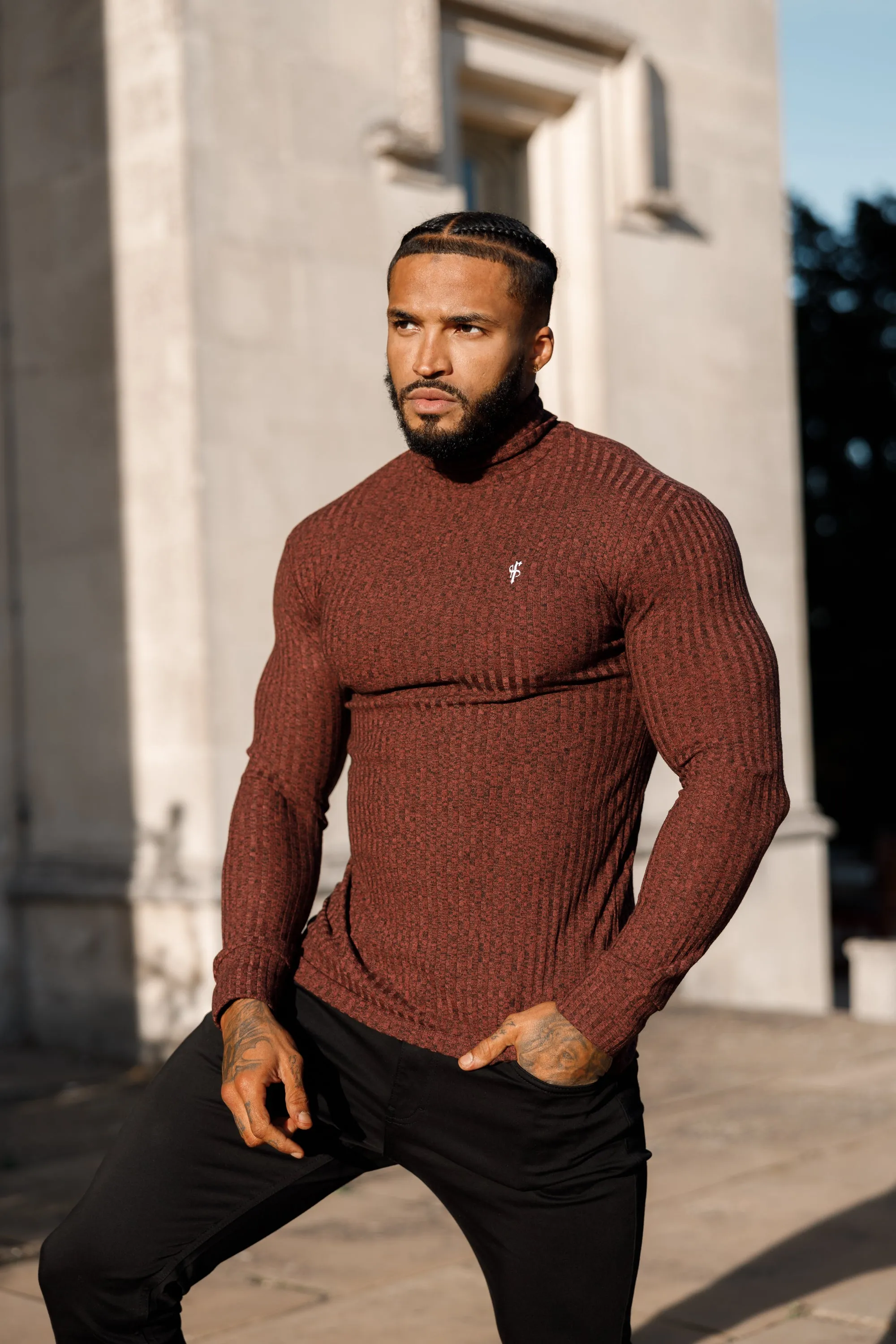 Father Sons Classic Burgundy Ribbed Knit Roll neck Sweater - FSH775