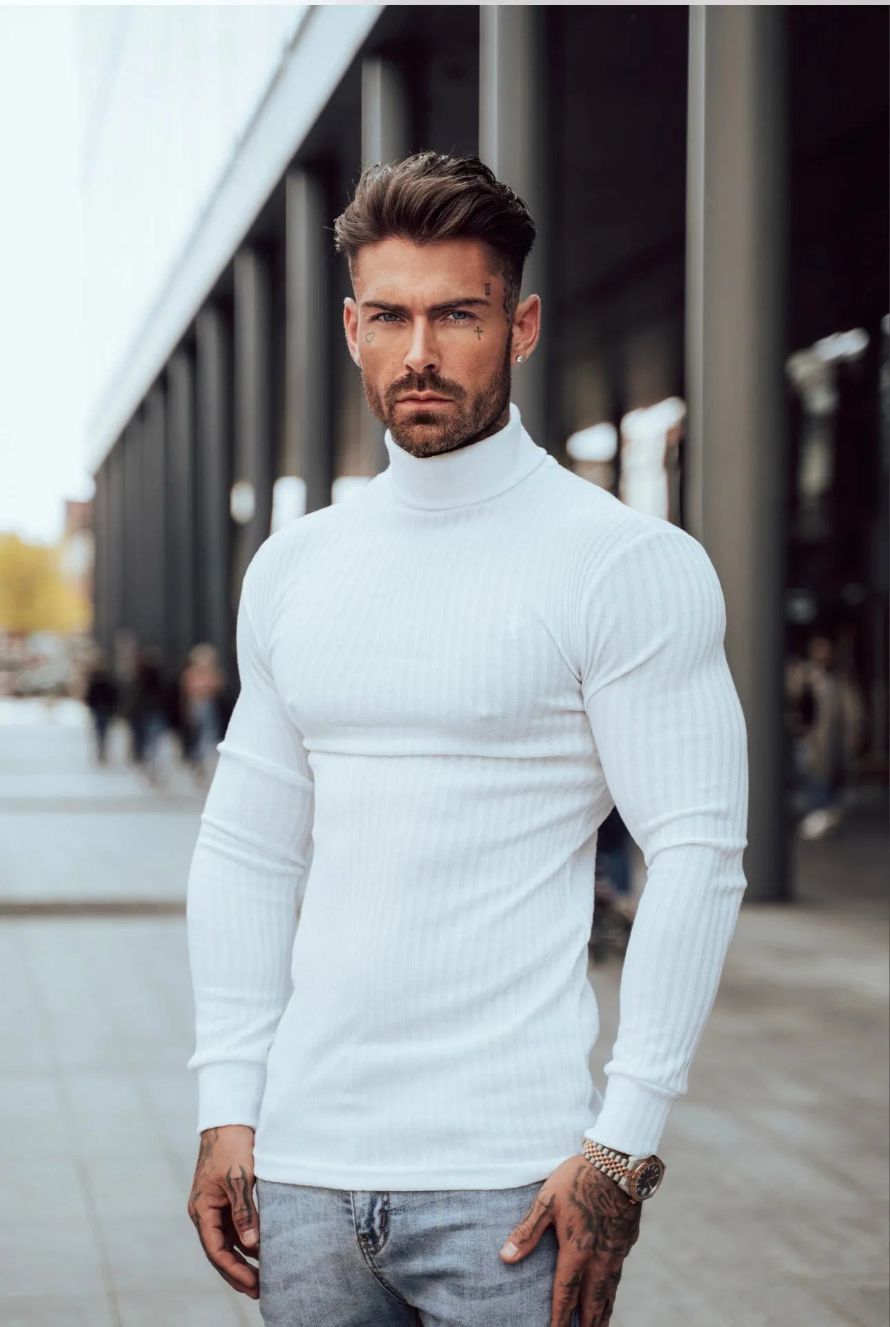 Father Sons Classic White Ribbed Knit Roll-neck Sweater - FSH592