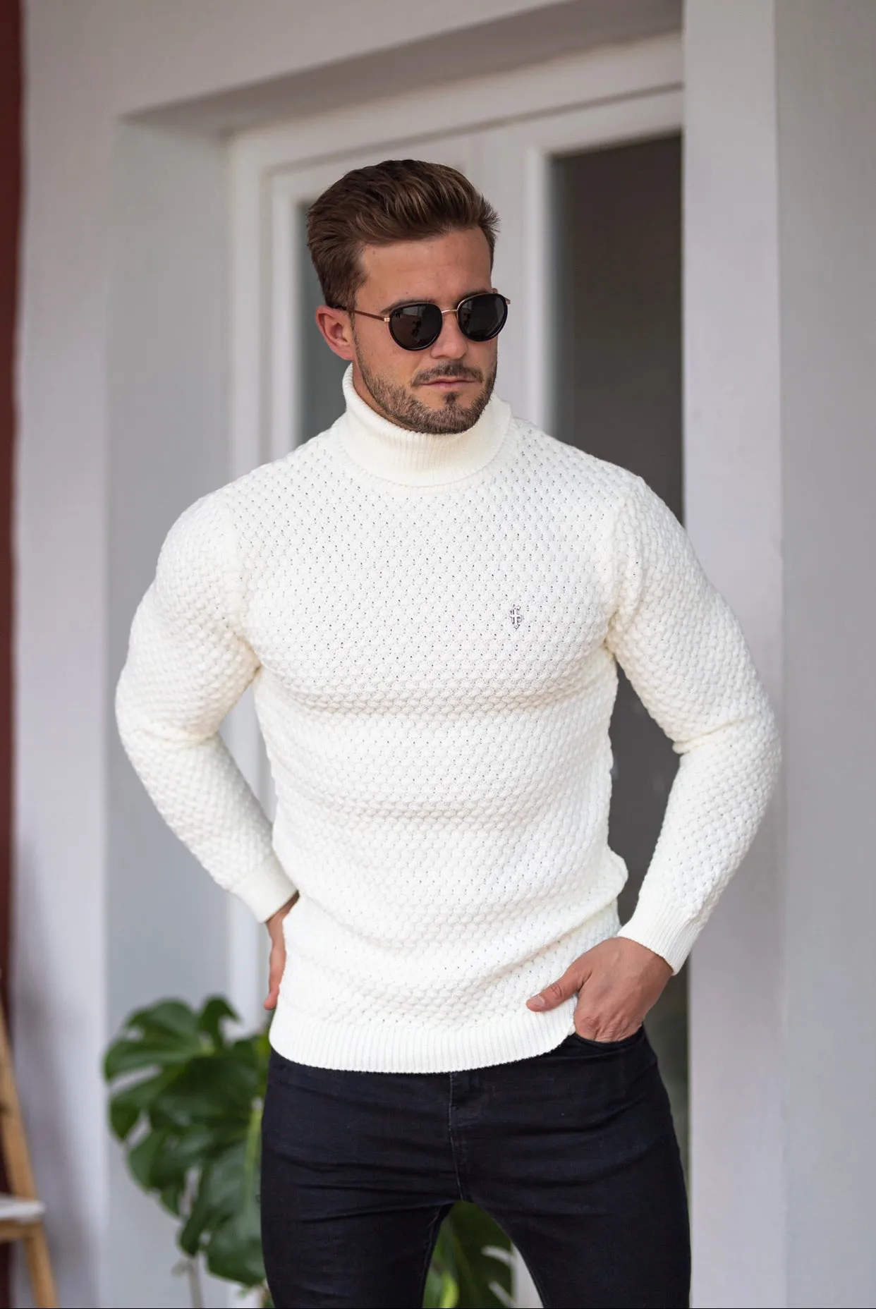 Father Sons Cream Knitted Roll Neck Weave Super Slim Sweater With Metal Decal - FSJ026