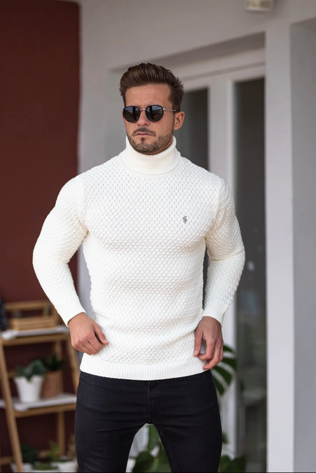 Father Sons Cream Knitted Roll Neck Weave Super Slim Sweater With Metal Decal - FSJ026