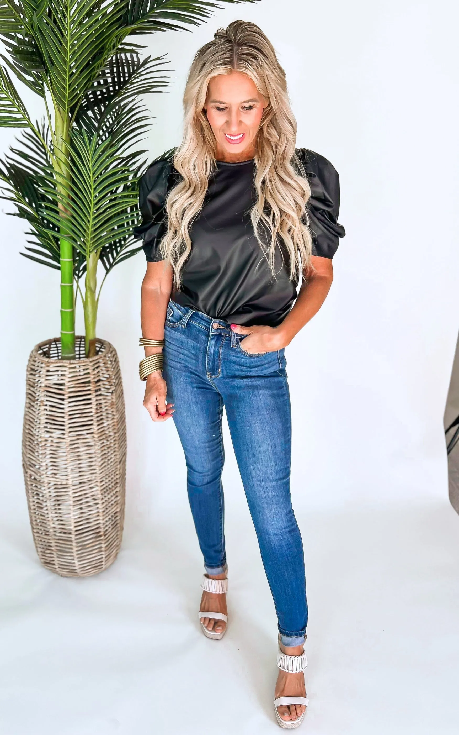 Faux Leather Puff Sleeve Blouse Top