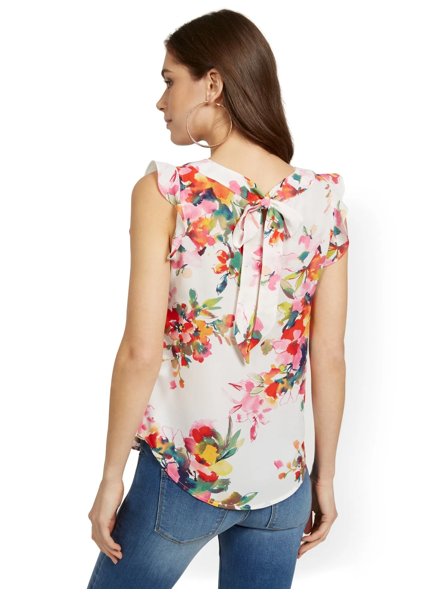 Floral-Print Flutter-Sleeve Keyhole Bow Blouse