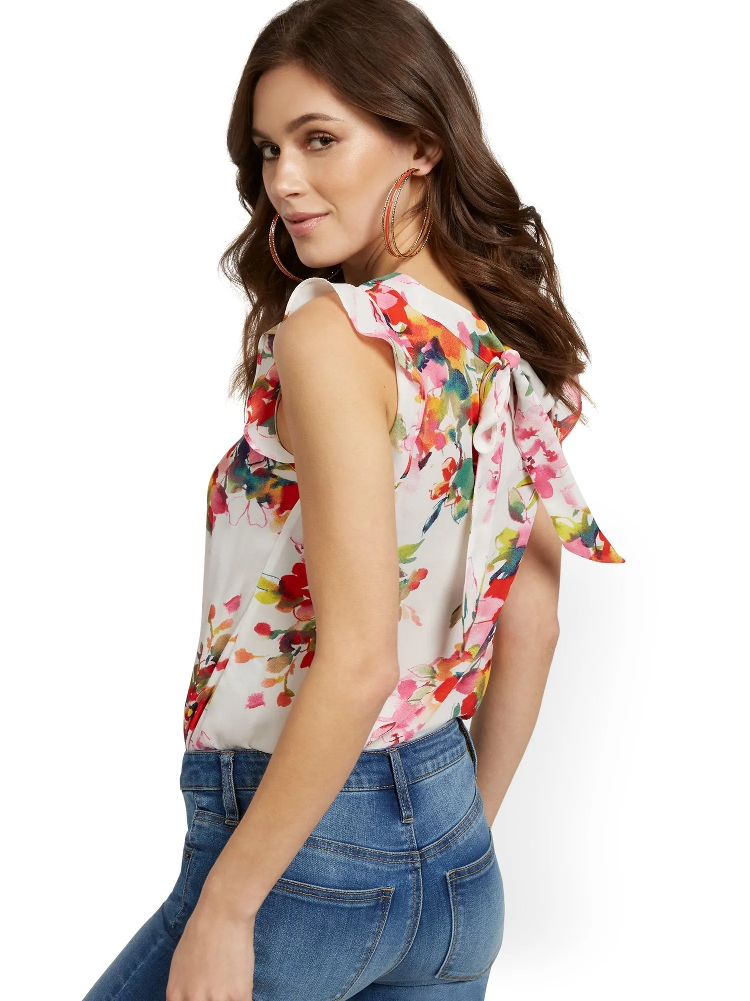 Floral-Print Flutter-Sleeve Keyhole Bow Blouse