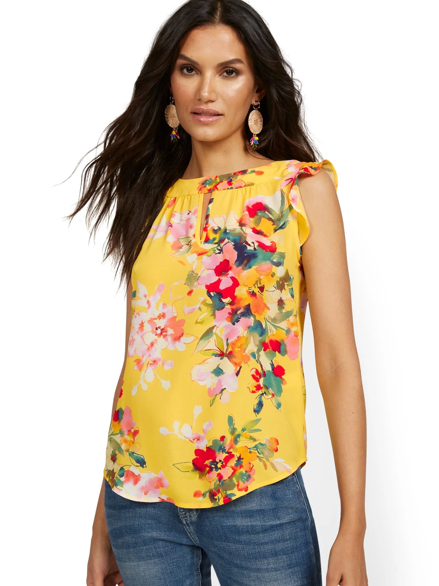 Floral-Print Flutter-Sleeve Keyhole Bow Blouse