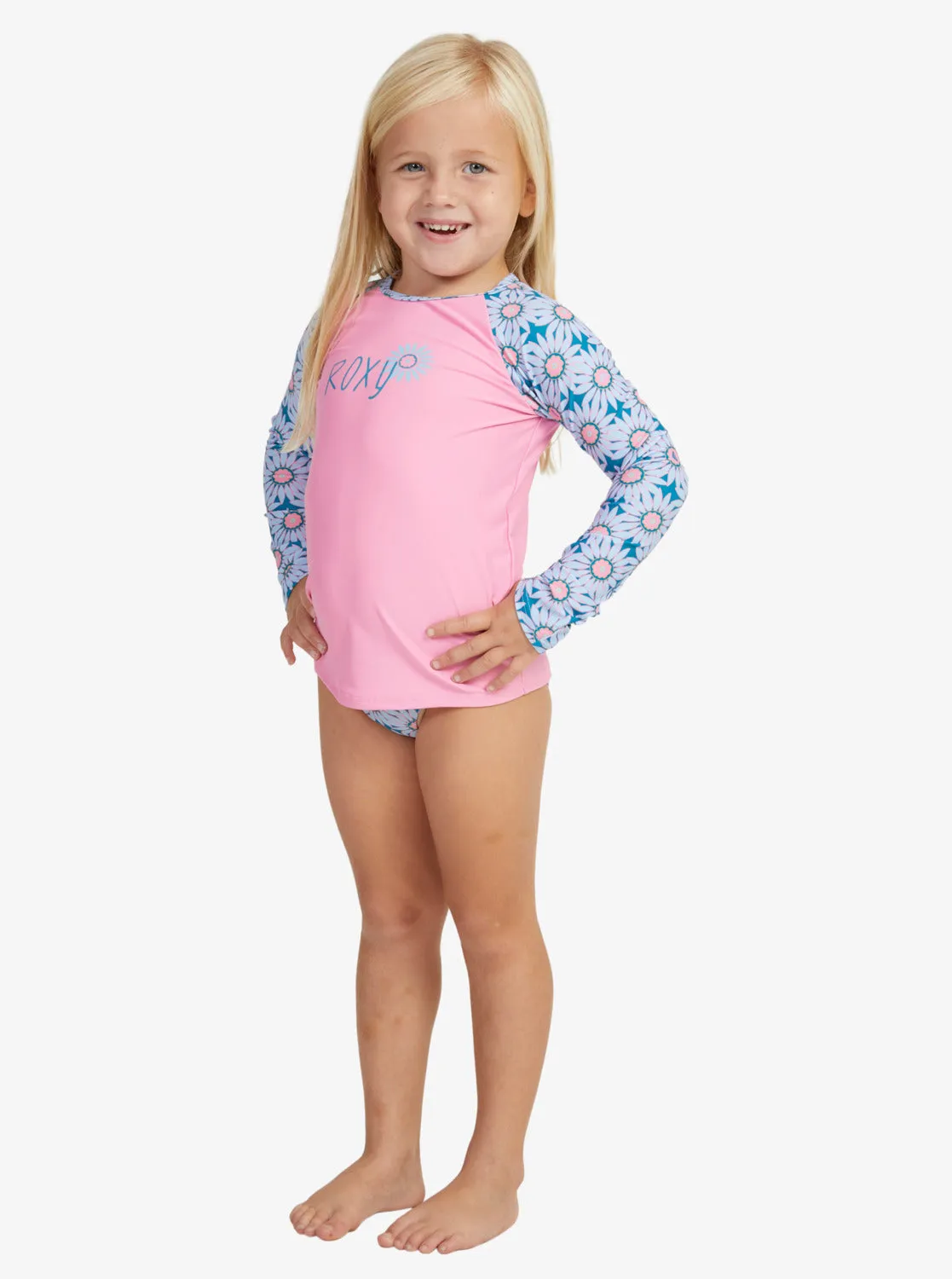 Girls 2-7 Bold Florals Long Sleeve Rashguard Set - Crystal Teal Sol Flower