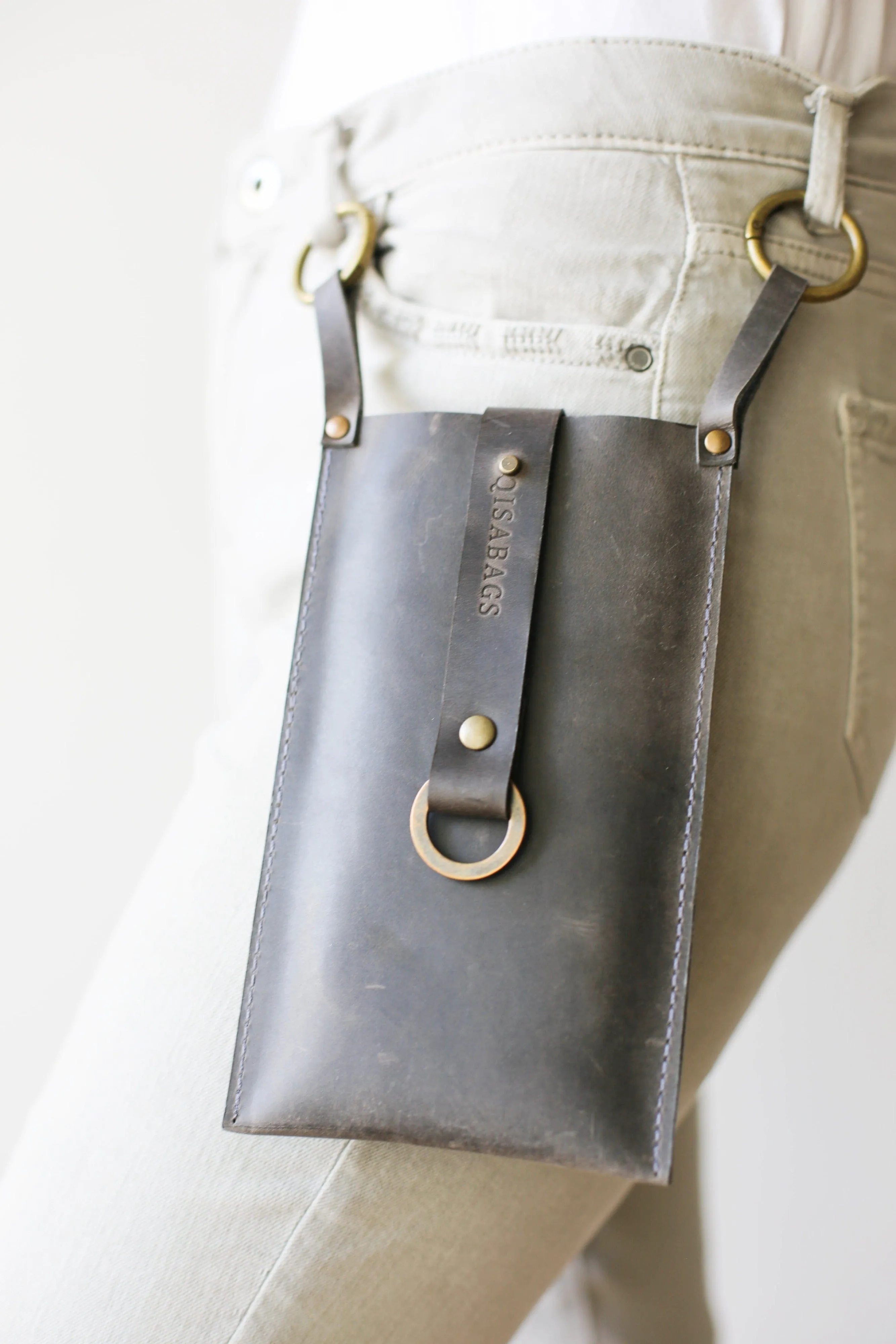 Gray Leather Phone Bag