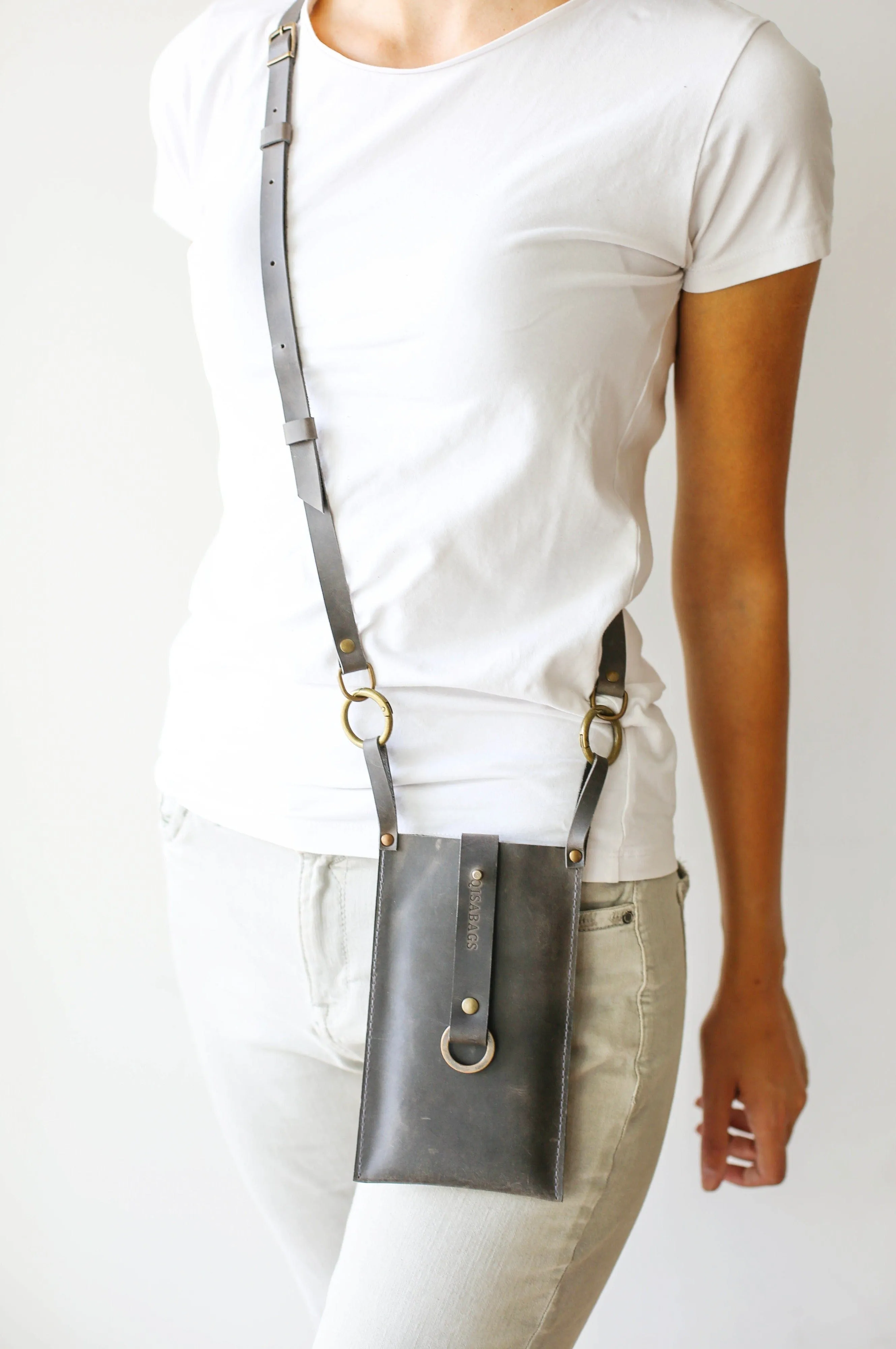 Gray Leather Phone Bag