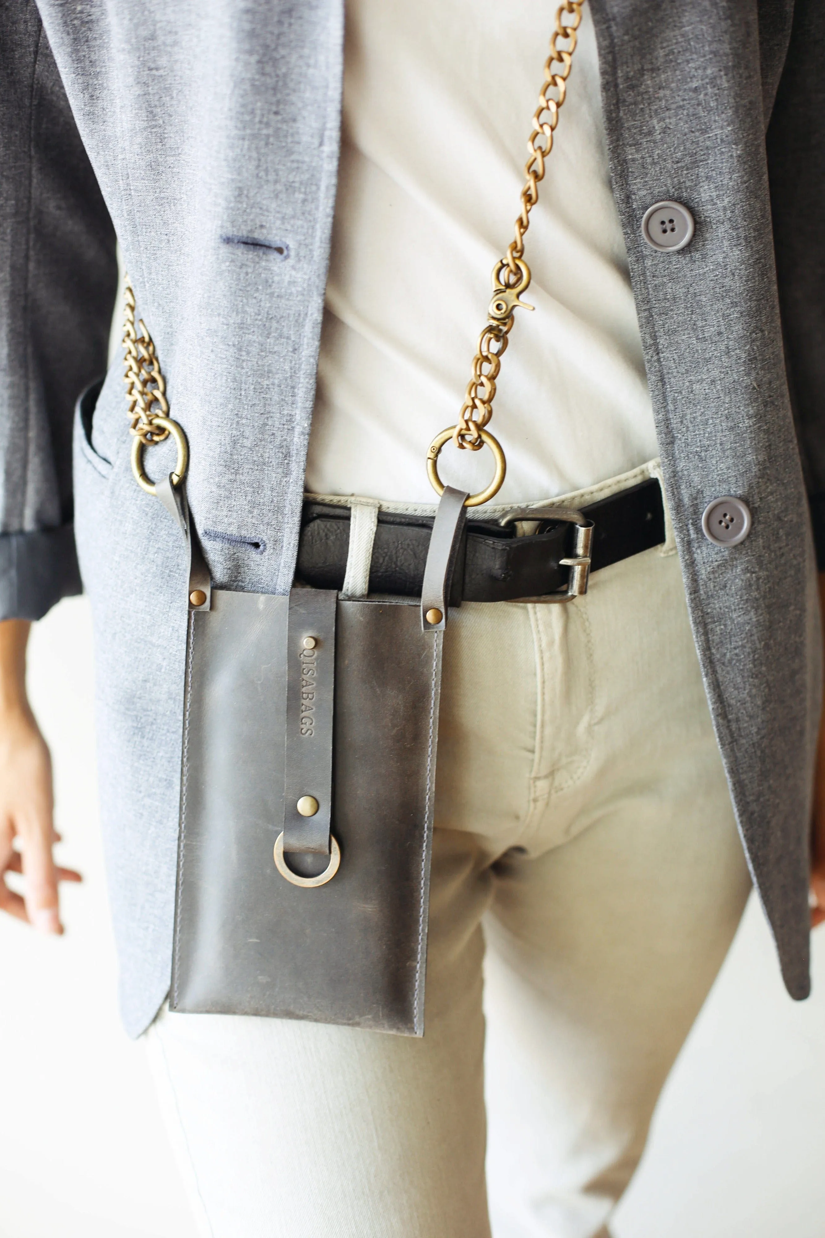 Gray Leather Phone Bag