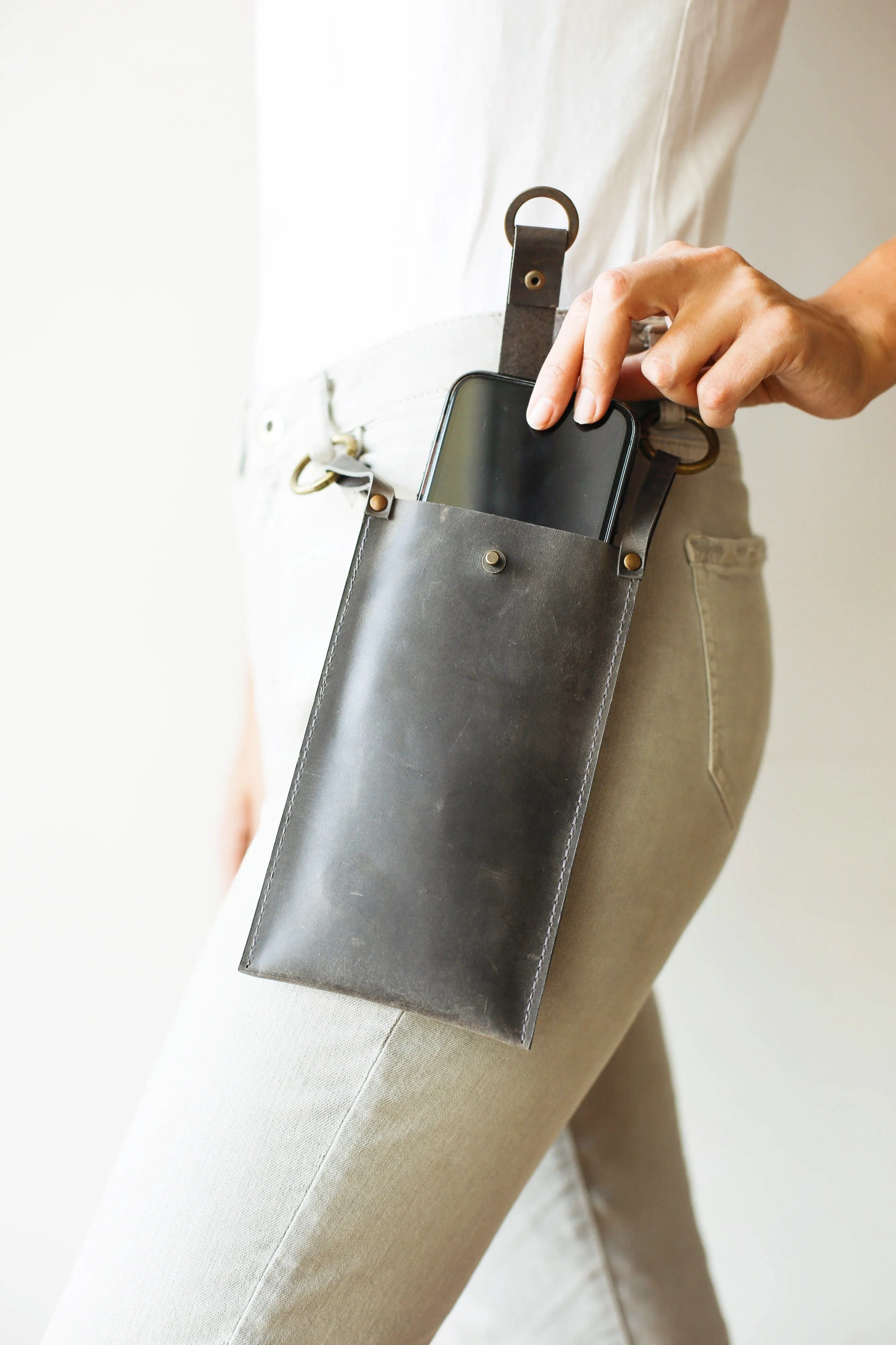 Gray Leather Phone Bag