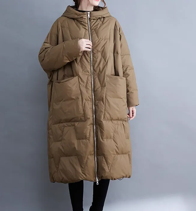 Green Hooded Loose Long Irregular Winter Women Down Jacket AMT1008