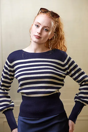 Helena - Blue and Cream Lurex Breton Stripe Jumper - Wool and Cashmere