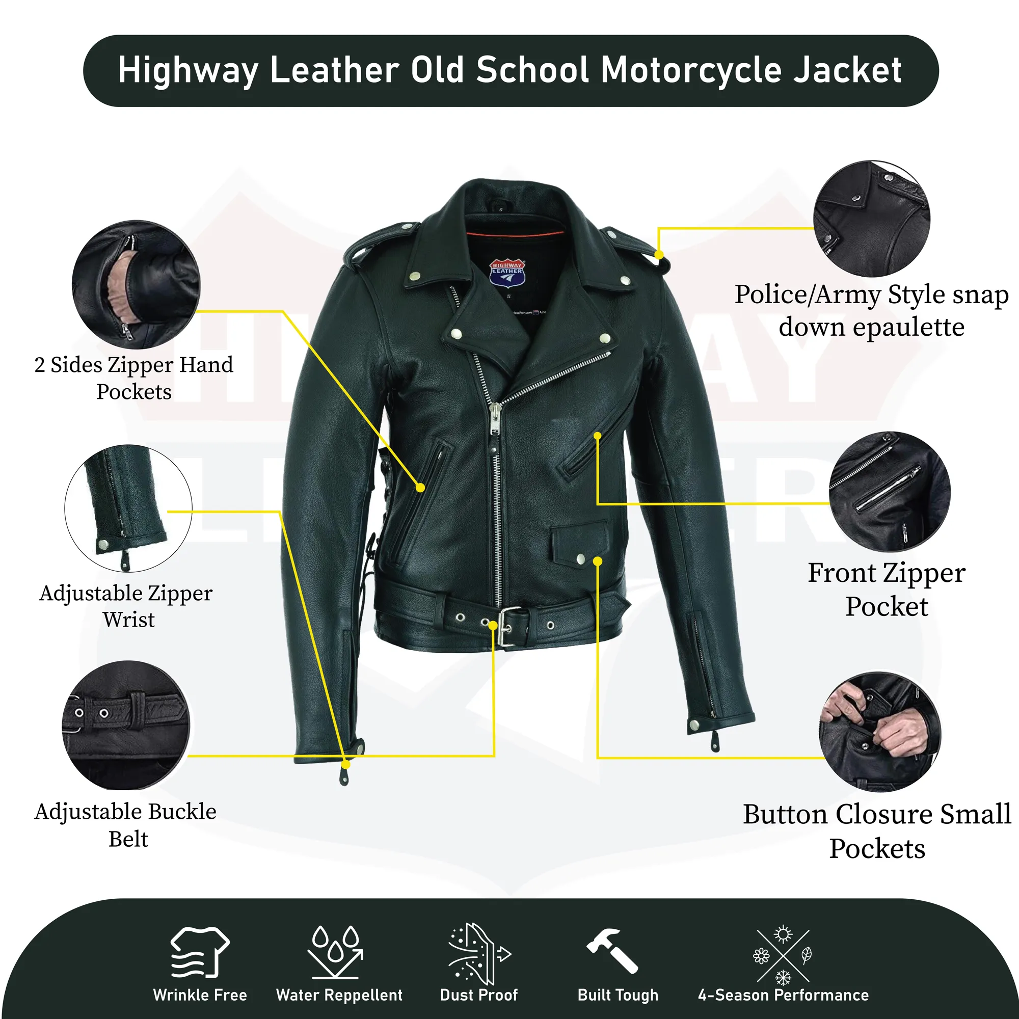 HL10205BLACK Old School Police Style Motorcycle Leather Jacket