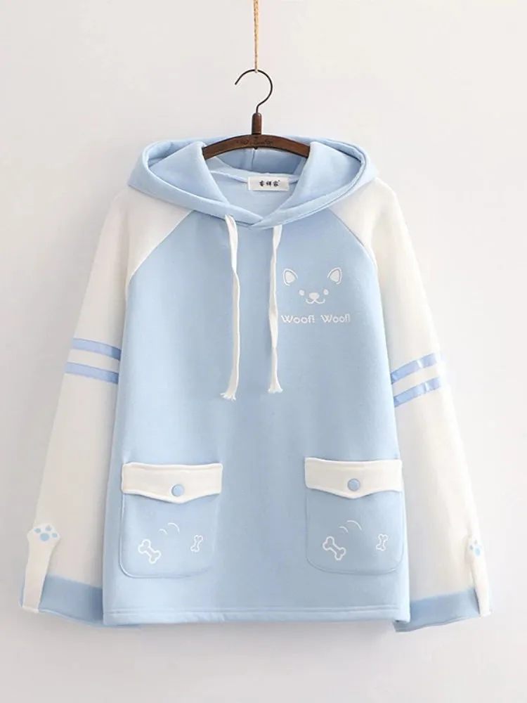 Japan Kawaii Fleece Warm Hoodie Women Cute Clothes Yellow Girls Thick Sweatshirt Female Winter Hooded Long Sleeve Pullovers Blue