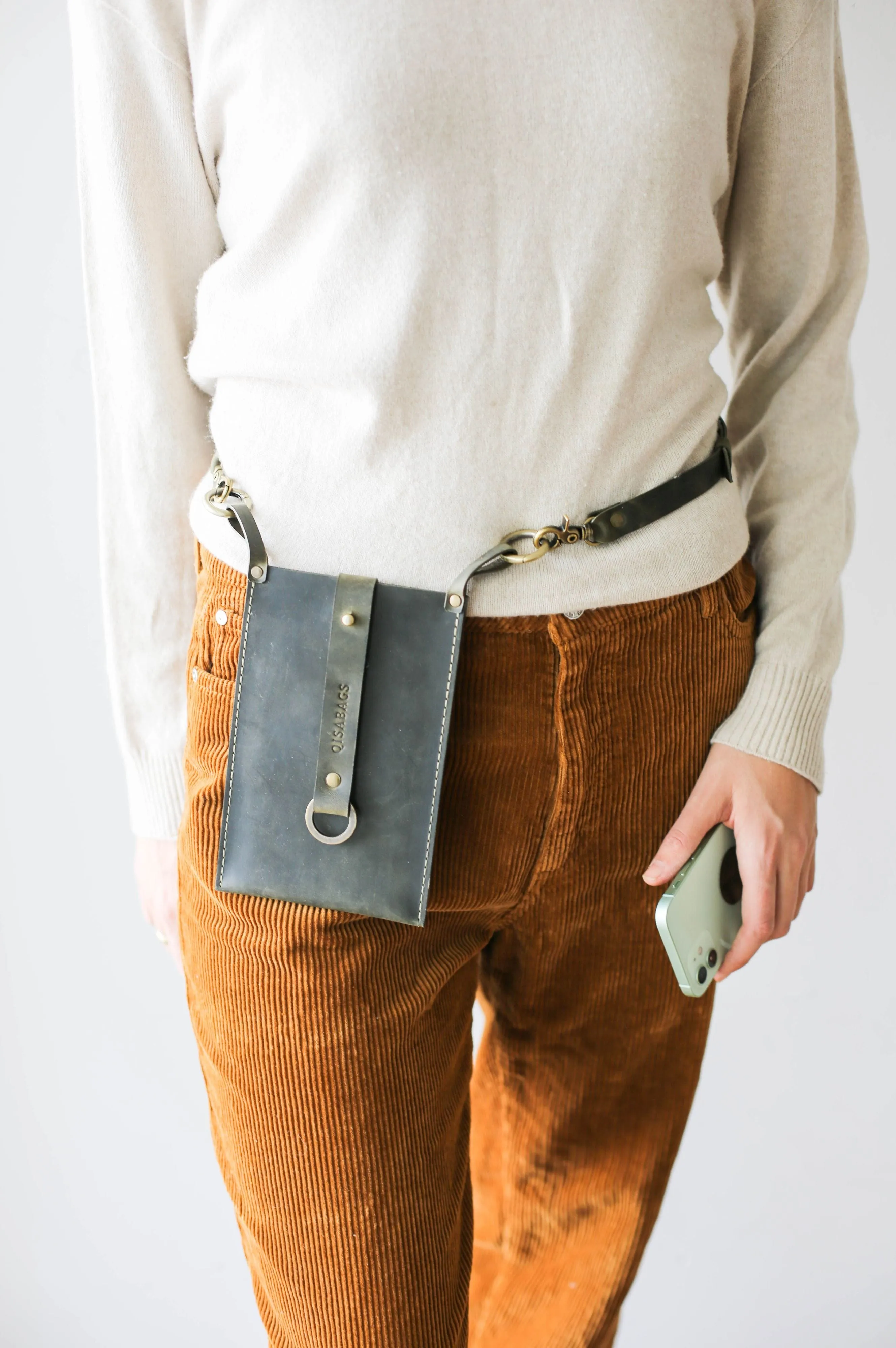 Khaki Green Leather Phone Bag