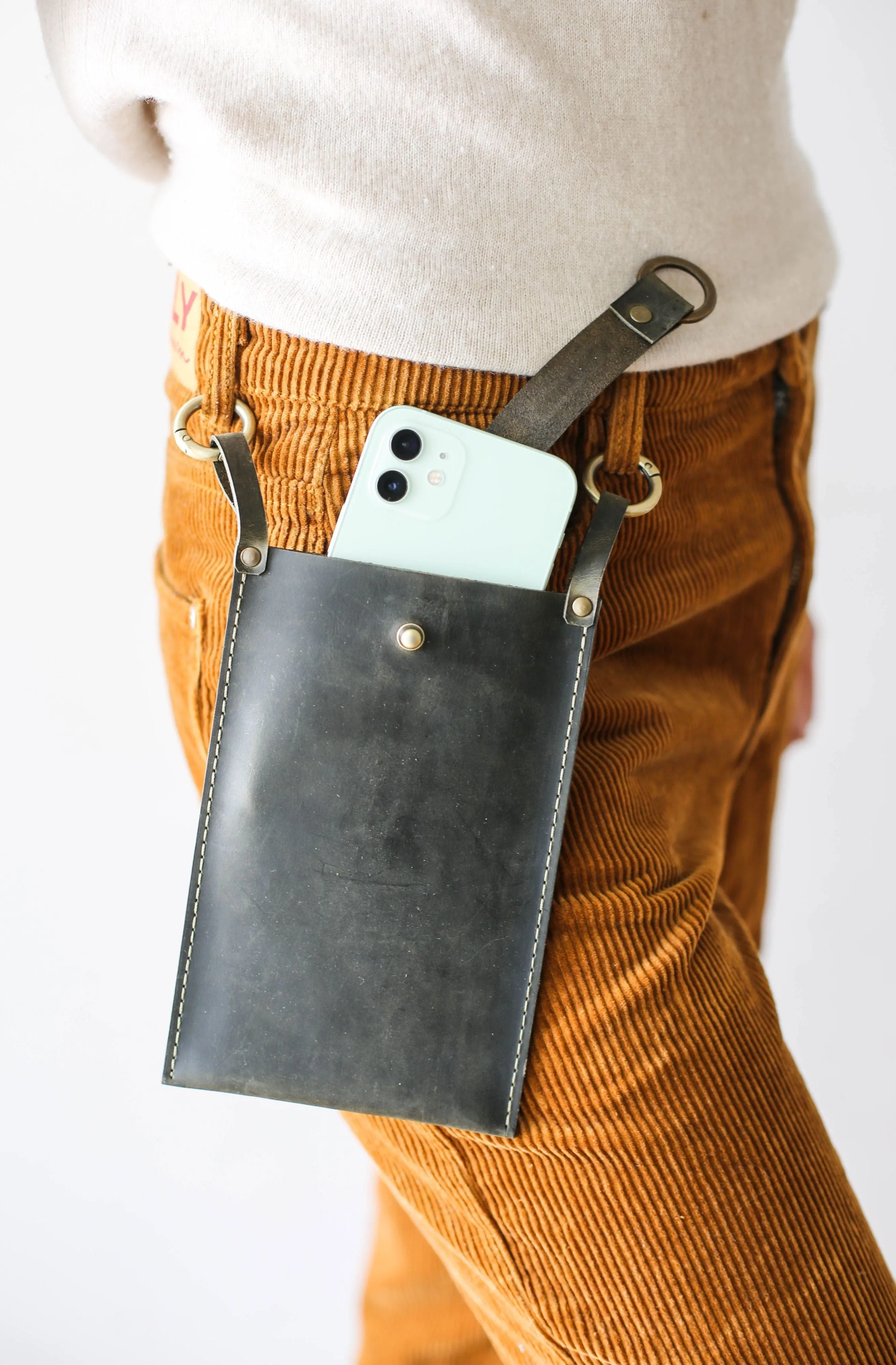 Khaki Green Leather Phone Bag