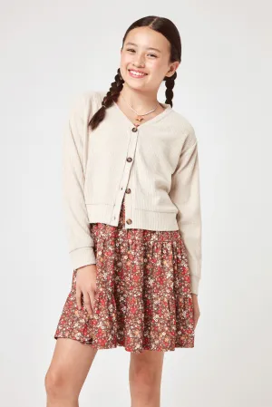 Kids Tan Floral Dress w Knit Cardigan Set