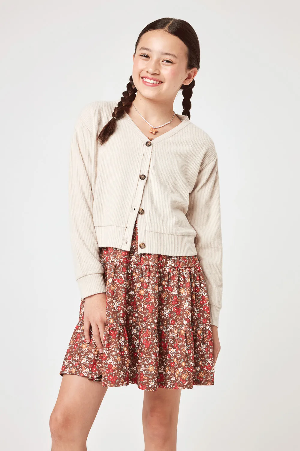 Kids Tan Floral Dress w Knit Cardigan Set