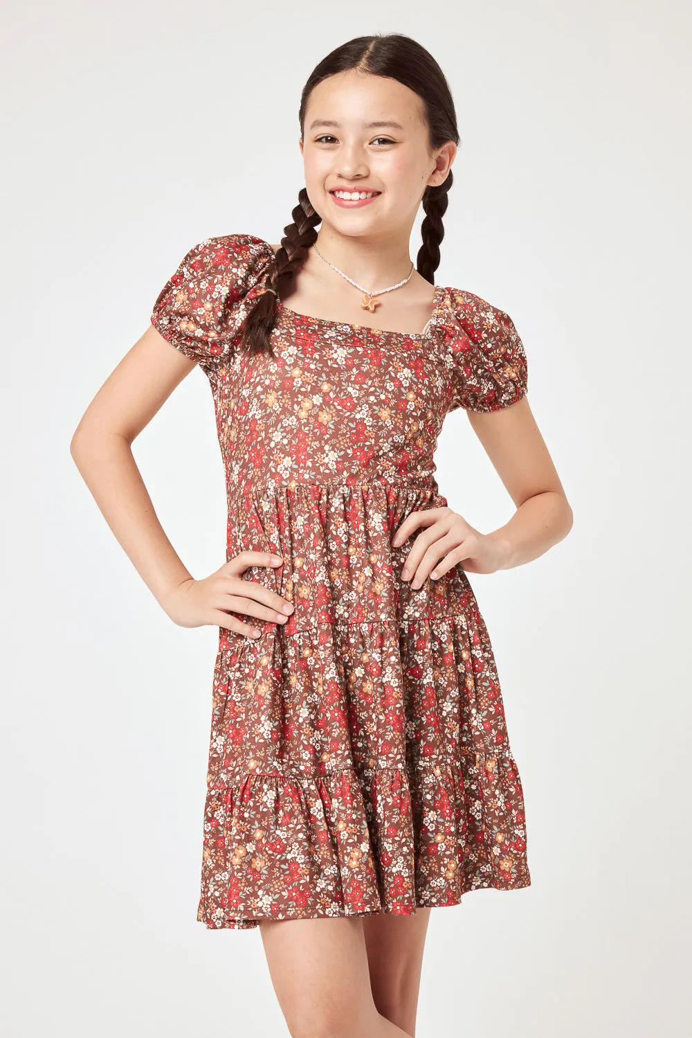 Kids Tan Floral Dress w Knit Cardigan Set