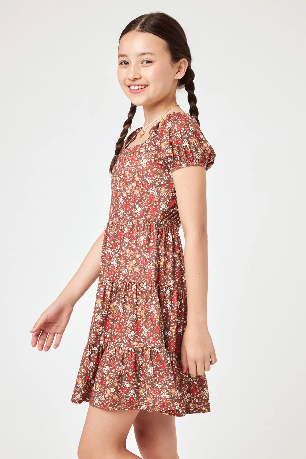 Kids Tan Floral Dress w Knit Cardigan Set