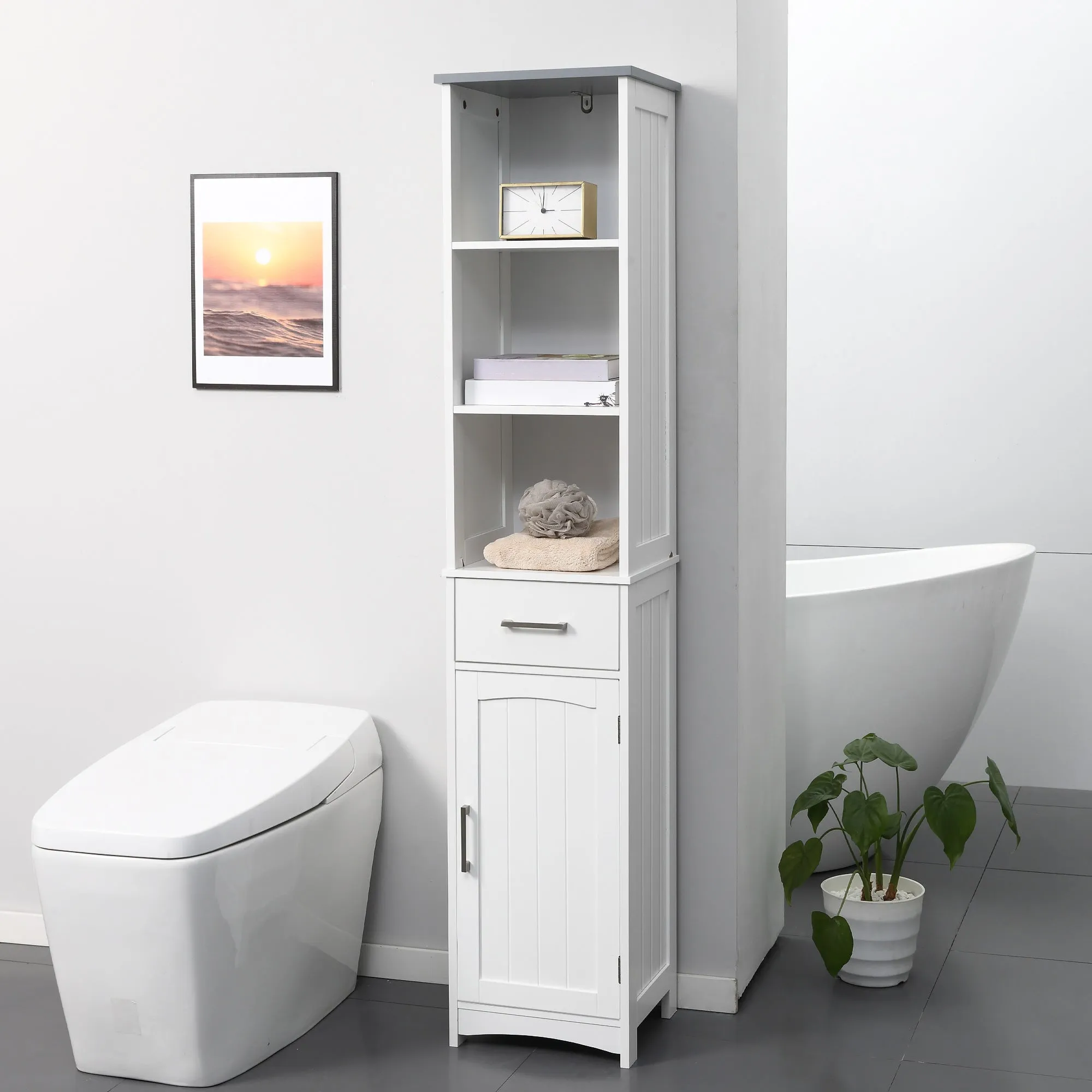 kleankin Tall Bathroom Storage Cabinet with 3 Tier Shelf, Cupboard, Drawer, Door, Freestanding Linen Tower, Slim Side Organizer, White