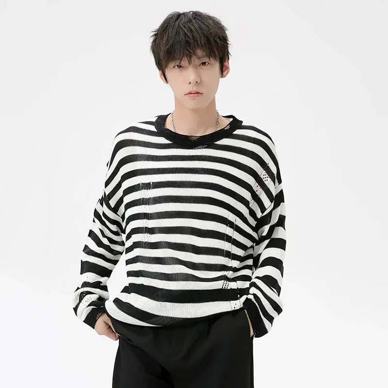 Korean Style Men's Sweater Hollow Out Striped Contrast Color Male Pullovers Round Collar Menwear Tops Autumn Trend 9C7037