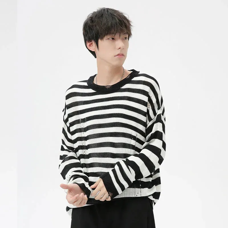 Korean Style Men's Sweater Hollow Out Striped Contrast Color Male Pullovers Round Collar Menwear Tops Autumn Trend 9C7037