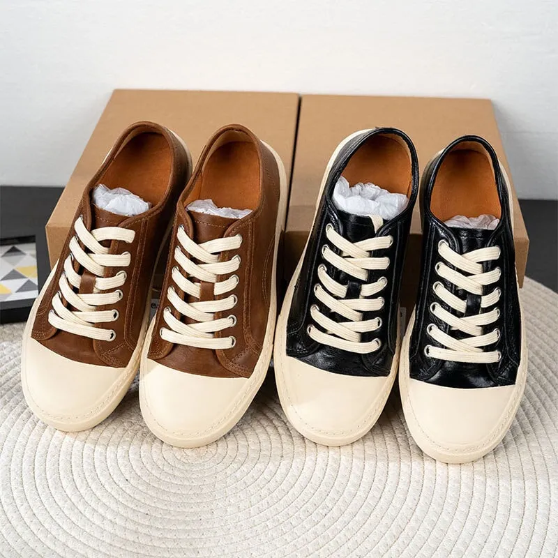 Leather Platform Sneakers for Women Low-top Rubber Toe in Black/Brown