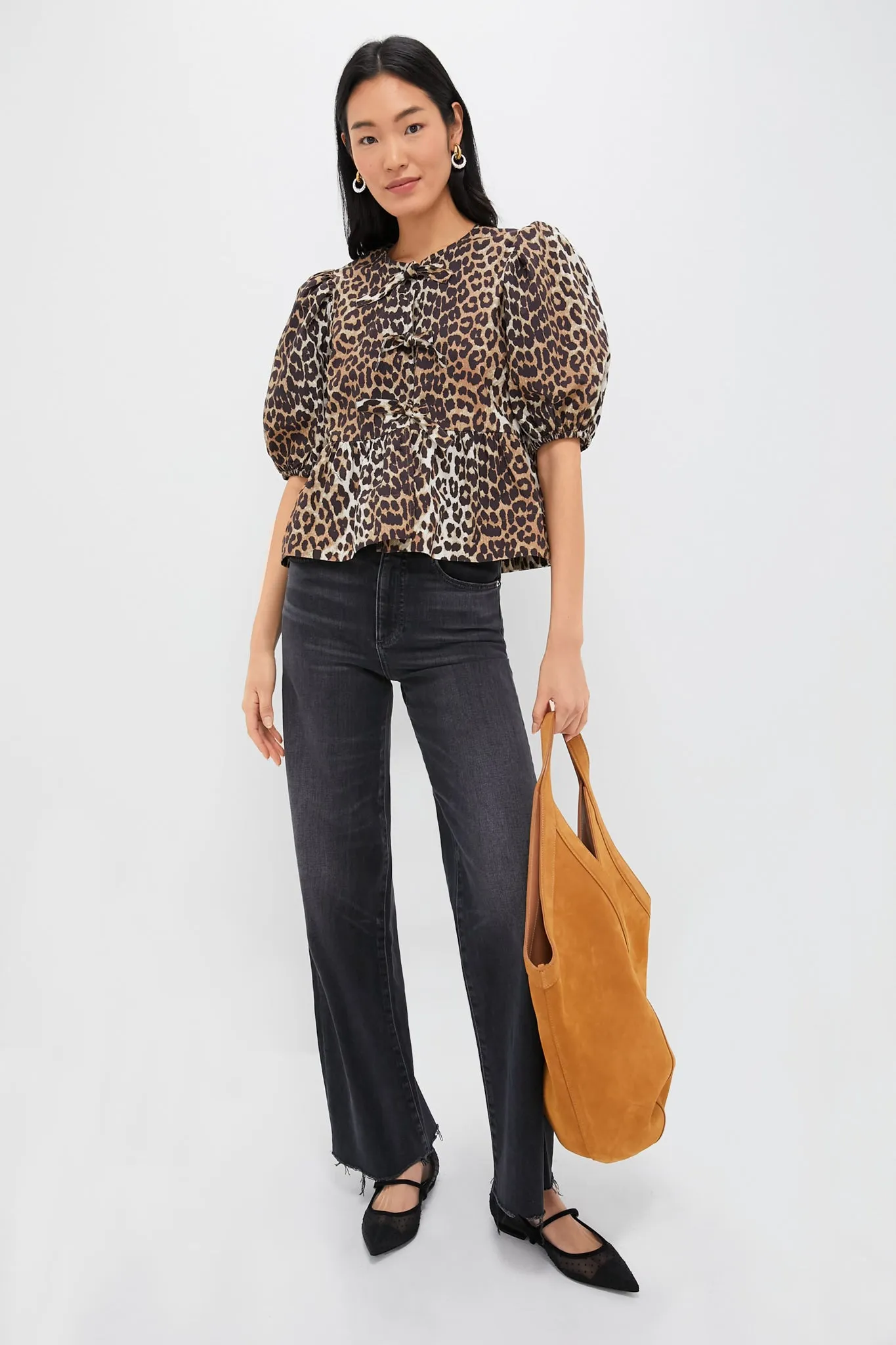 Leopard Printed Cotton Poplin Peplum Blouse