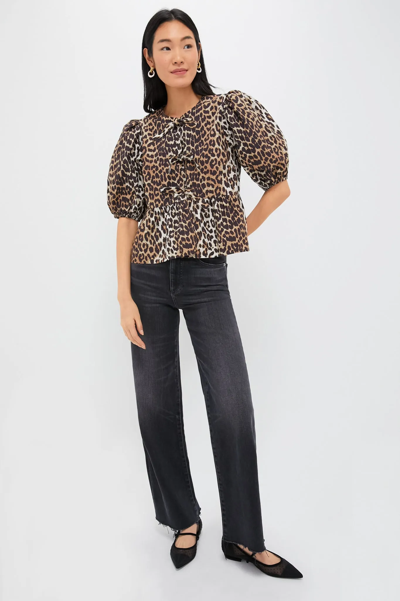 Leopard Printed Cotton Poplin Peplum Blouse