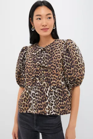 Leopard Printed Cotton Poplin Peplum Blouse