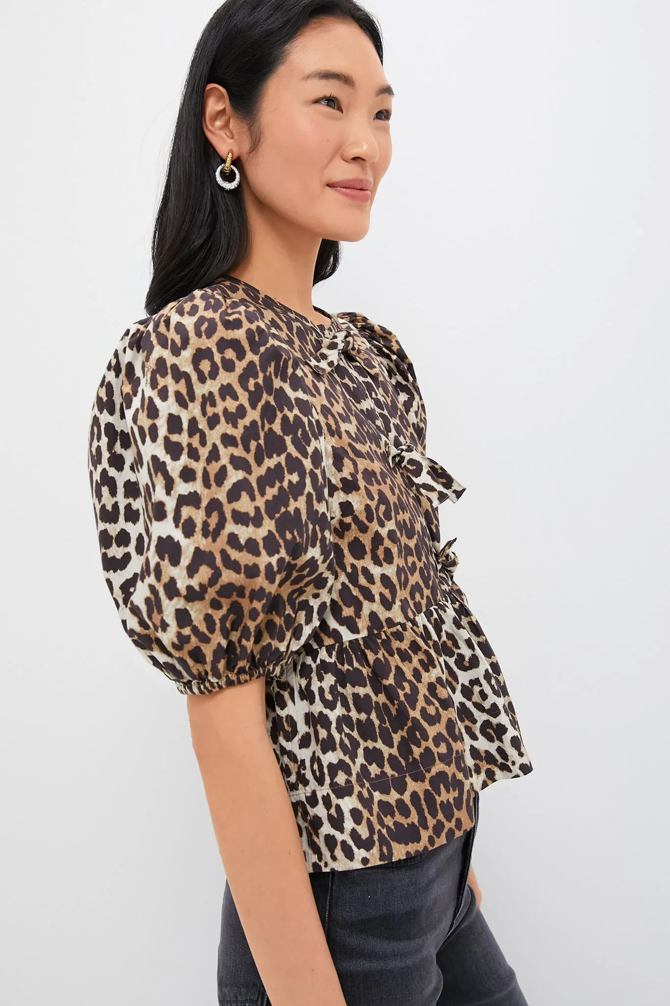 Leopard Printed Cotton Poplin Peplum Blouse