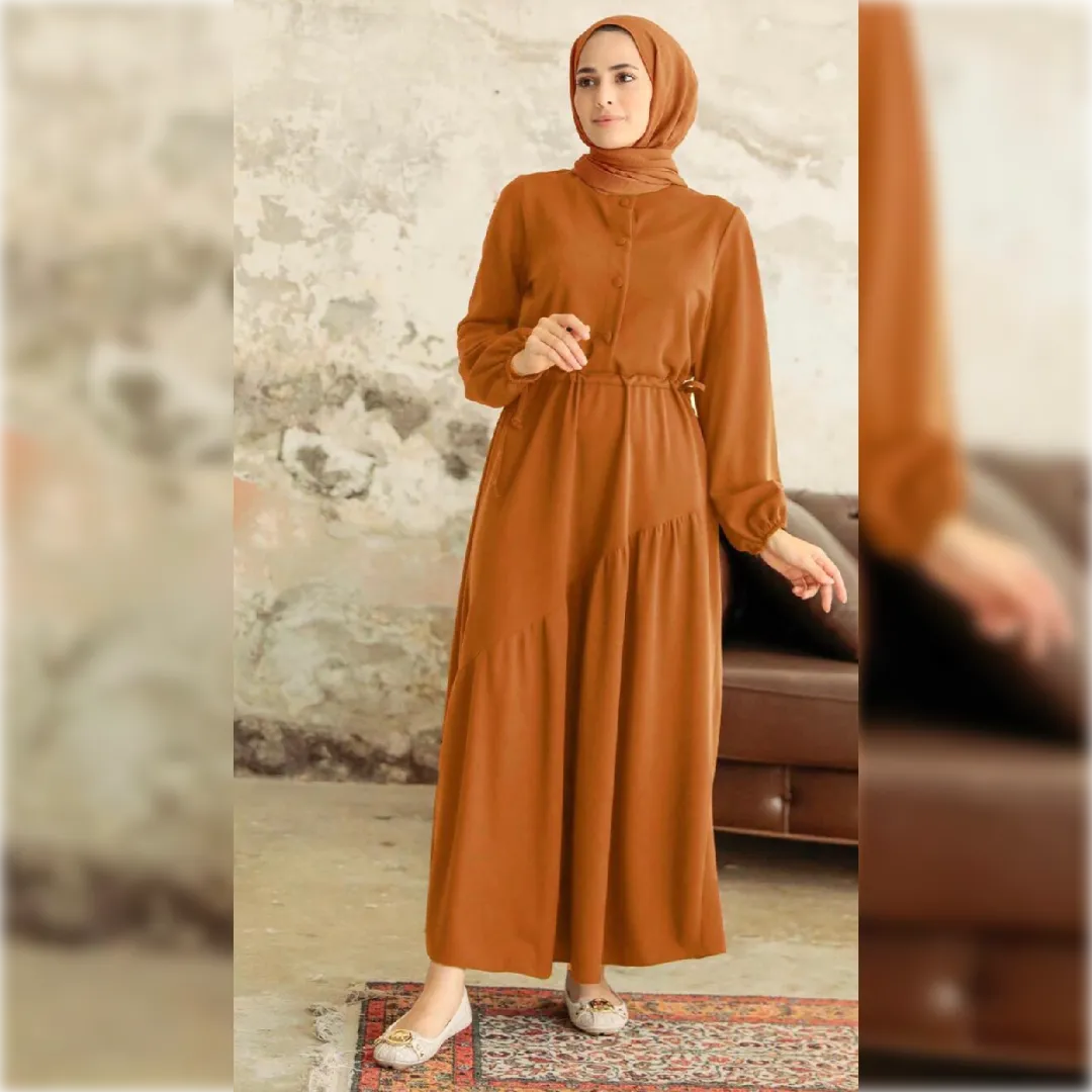 Long Cozy Cotton Dress in Dark Tan Shade  فستان شتوي طويل من القطن الدافيء بأحد درجات البني الجميل