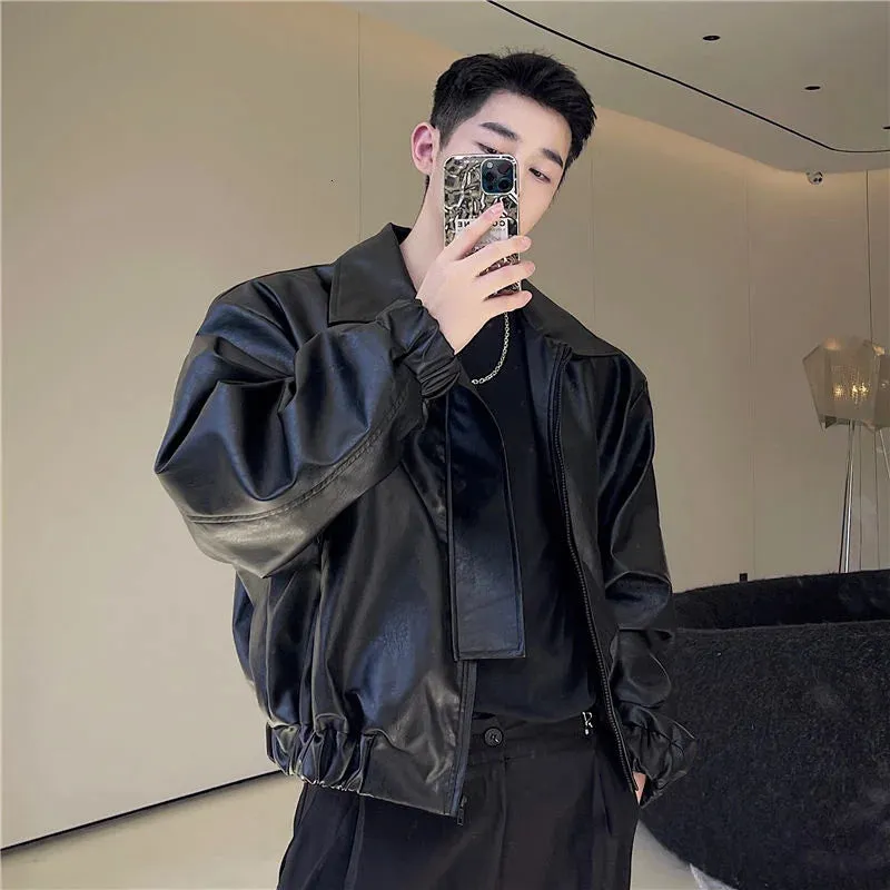 Men's Fashion Chic PU Leather Jacket Loose Lapel Zipper Long Sleeve Black Oversize Short Coat Autumn Winter Chic