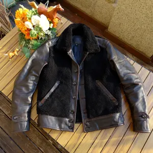 Men's Genuine Leather Jacket with Horsehide Shearling Patchwork - Safari Style