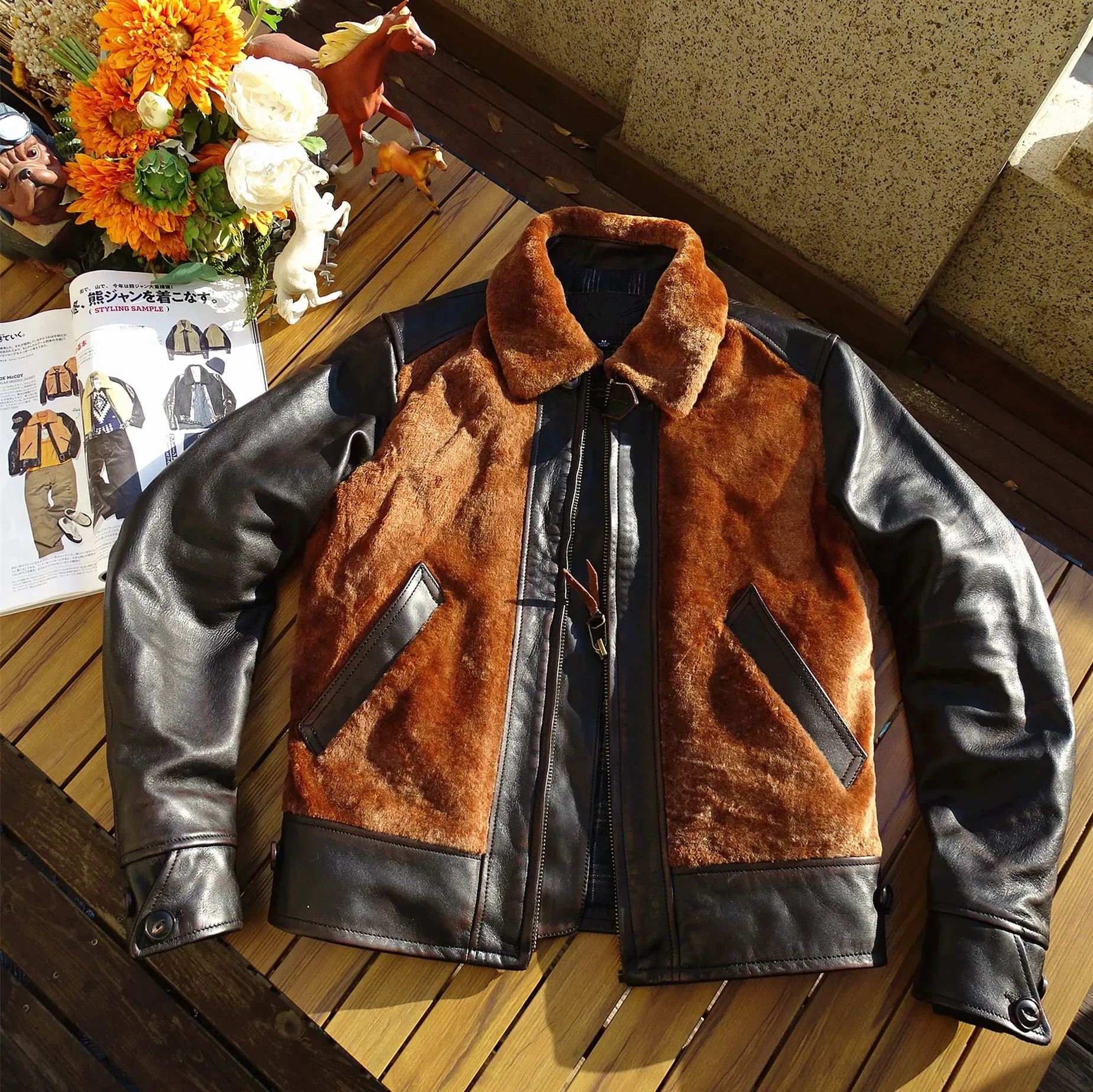 Men's Genuine Leather Jacket with Horsehide Shearling Patchwork - Safari Style