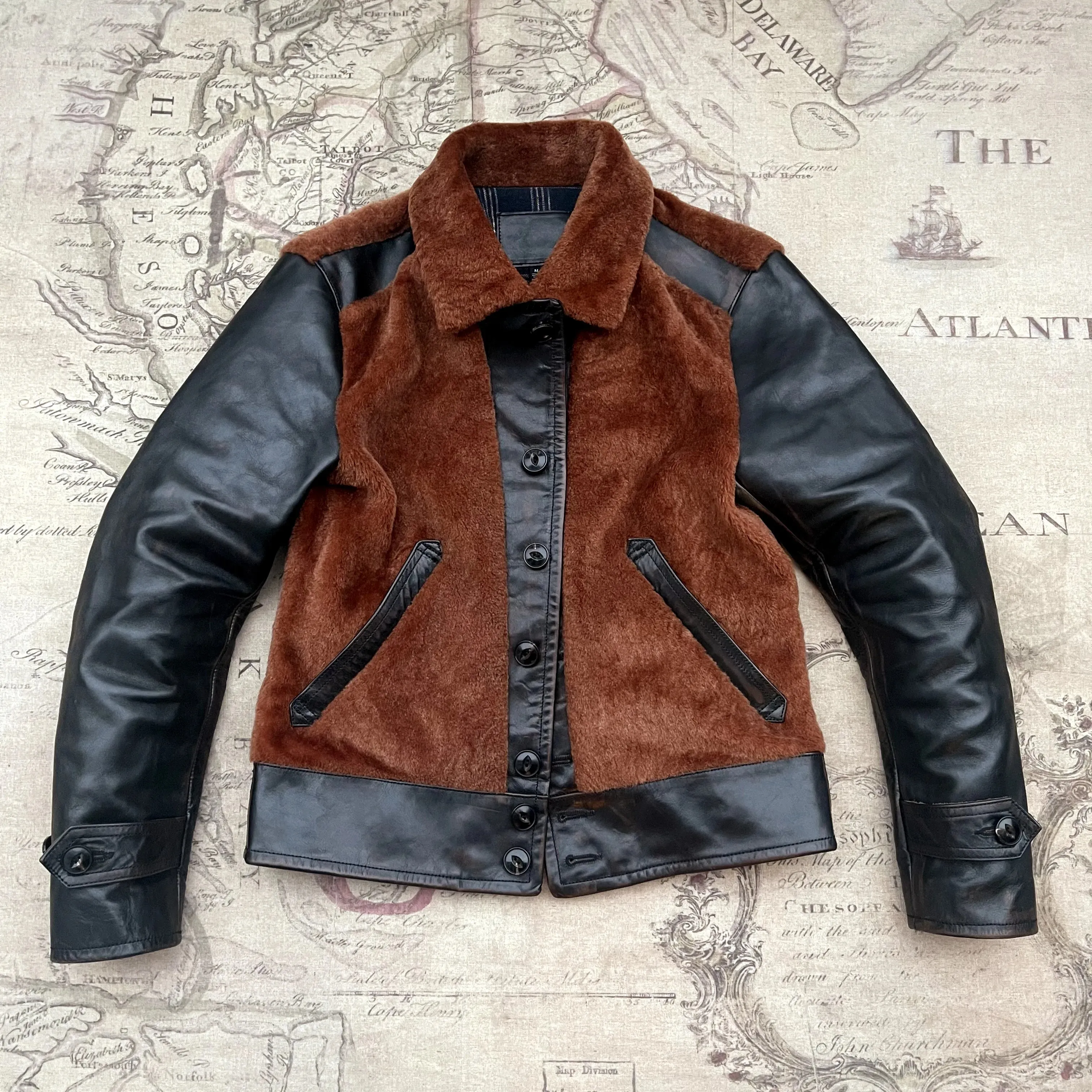 Men's Genuine Leather Jacket with Horsehide Shearling Patchwork - Safari Style