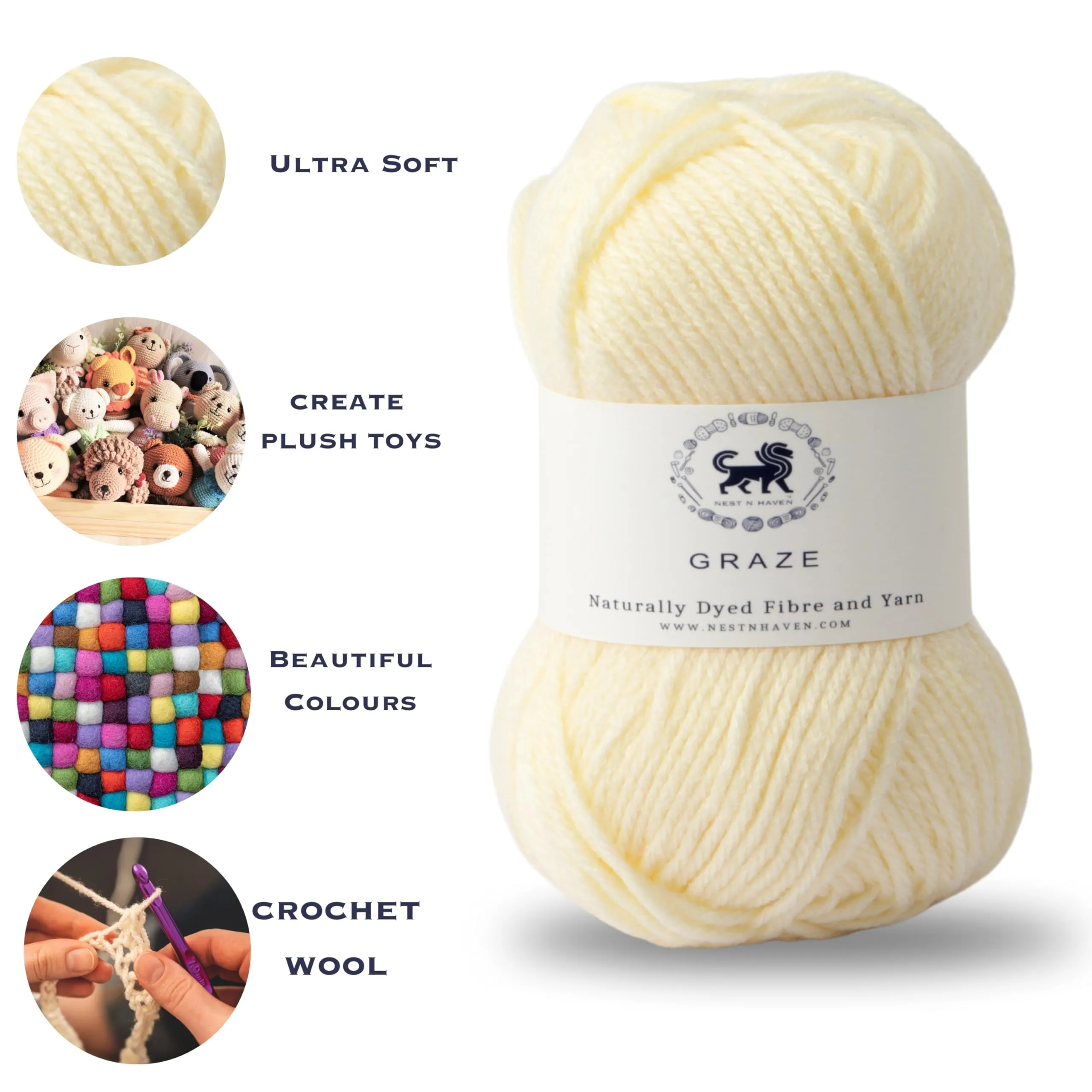 Nestnhaven Acrowools Graze Hand Knitting and Crochet Yarn 200 Grams Pack of 2 Balls - 100gms Each Shade no - NNHG001 (Cream/Off White)