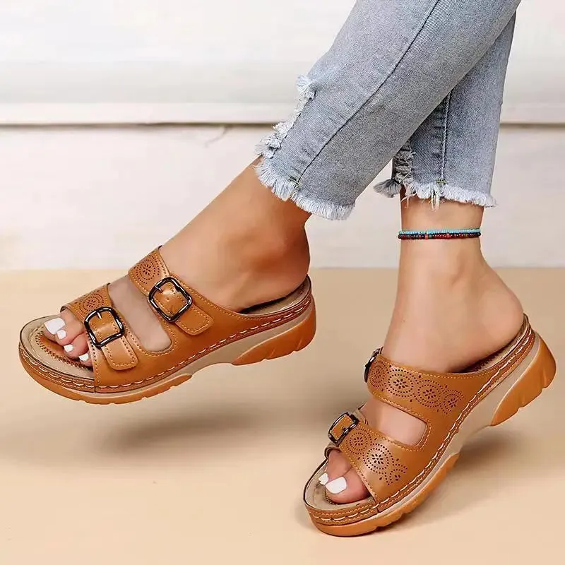 OCW Orthopedic Women Sandals Double Buckle Leather Comfort Summer