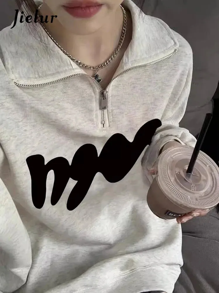 Polo Neck Printing Casual Women's Hoodies Fashion Streetwear Spell Color Chic Pullovers Simple Basic Female Sweatshirts