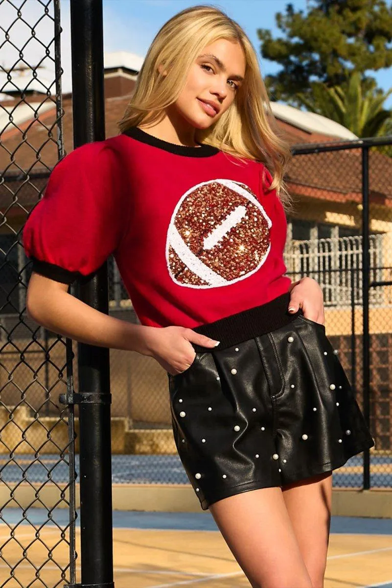 Red Sequin Football Short Sleeve Puff Sweater