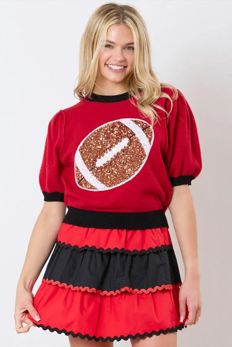 Red Sequin Football Short Sleeve Puff Sweater