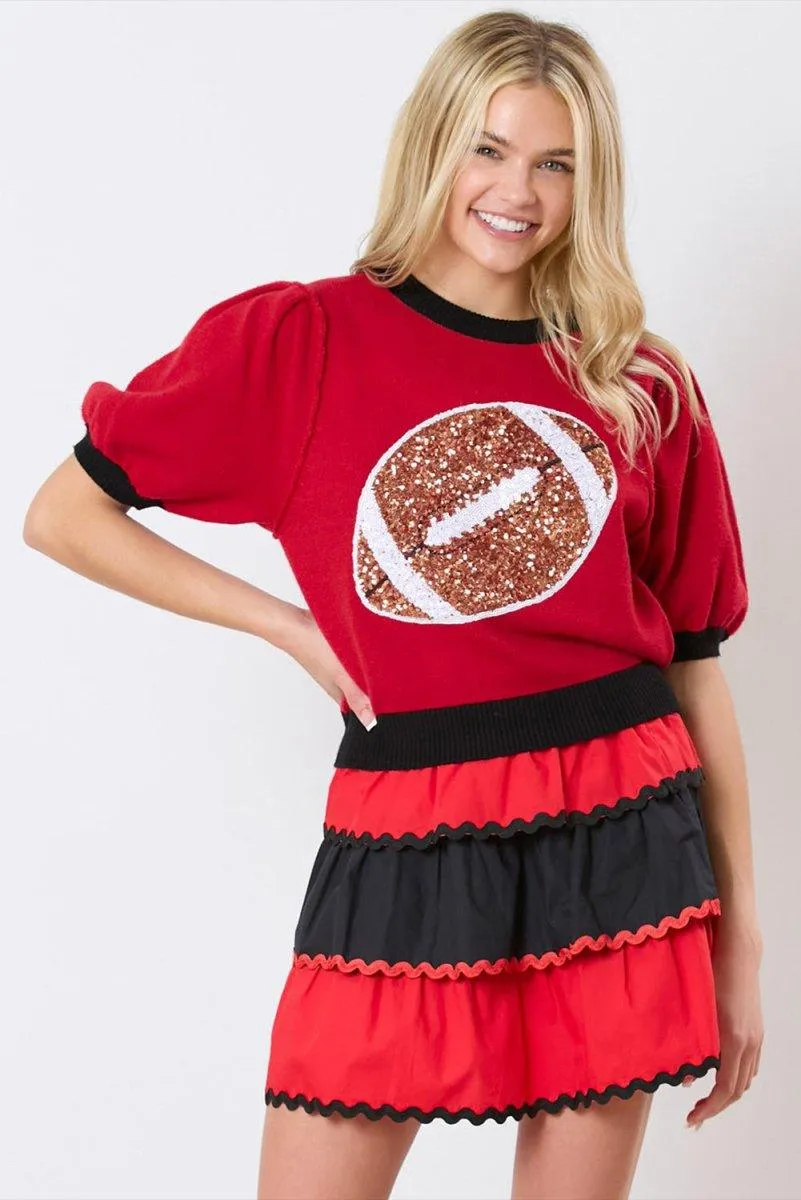 Red Sequin Football Short Sleeve Puff Sweater