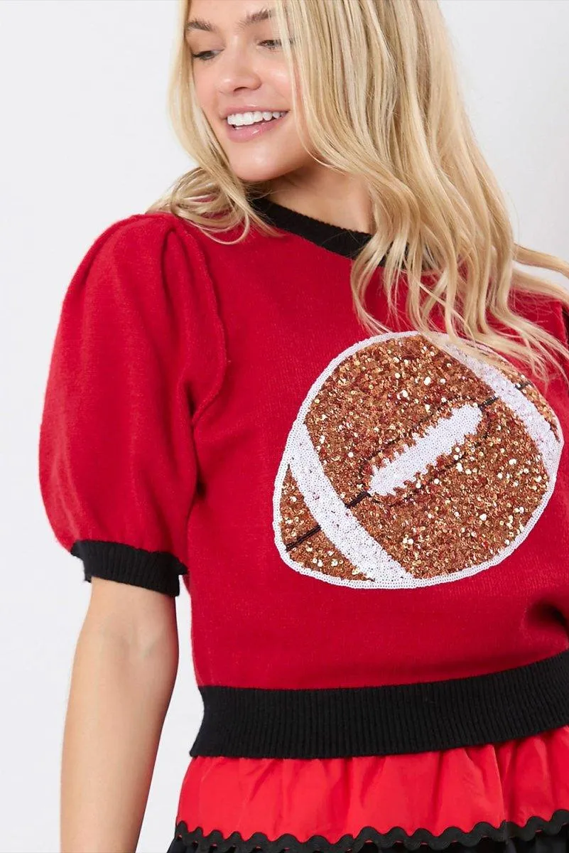 Red Sequin Football Short Sleeve Puff Sweater