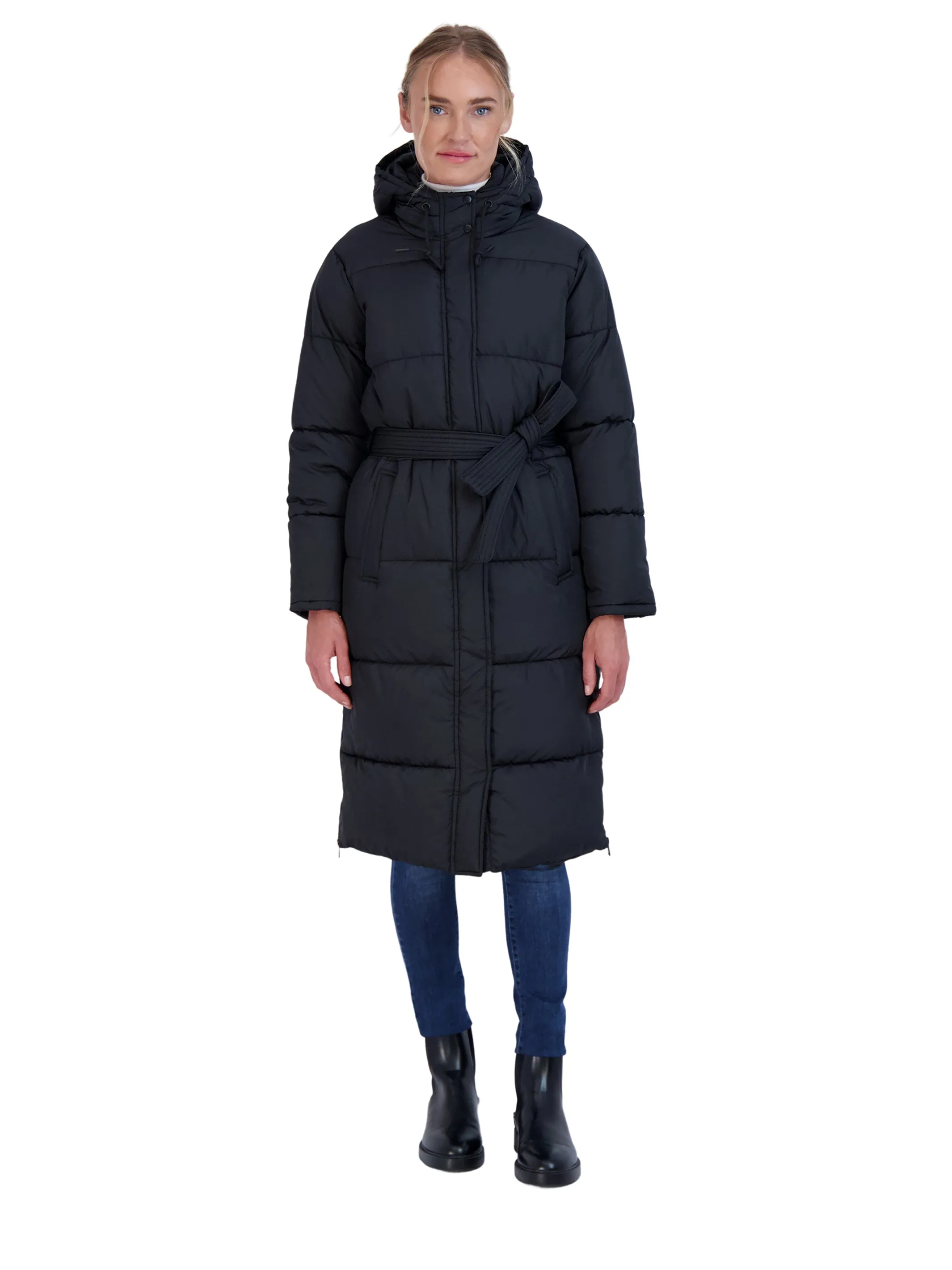 Sebby Collection Women's Long Puffer Jacket with Hood and Belt