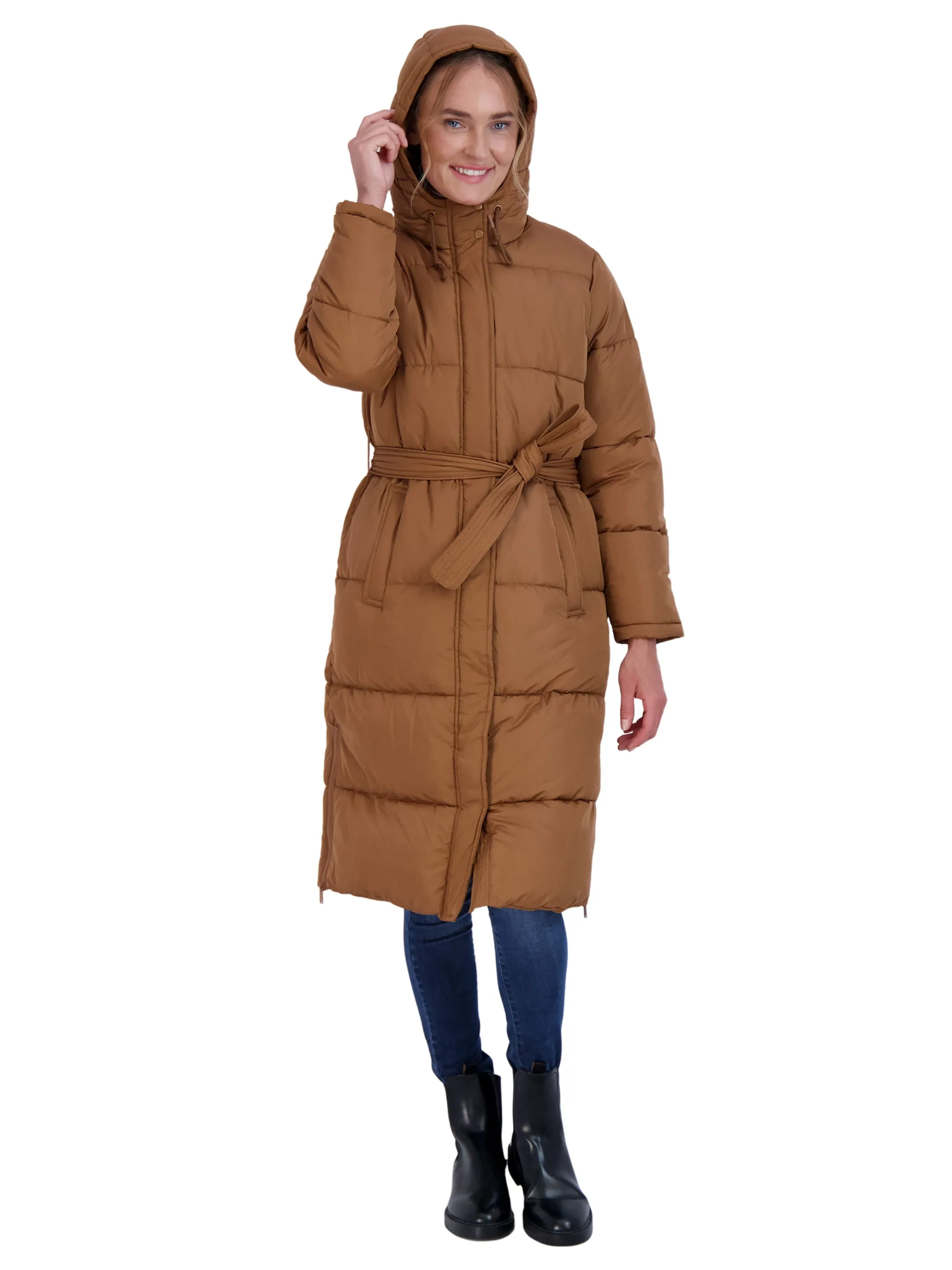 Sebby Collection Women's Long Puffer Jacket with Hood and Belt