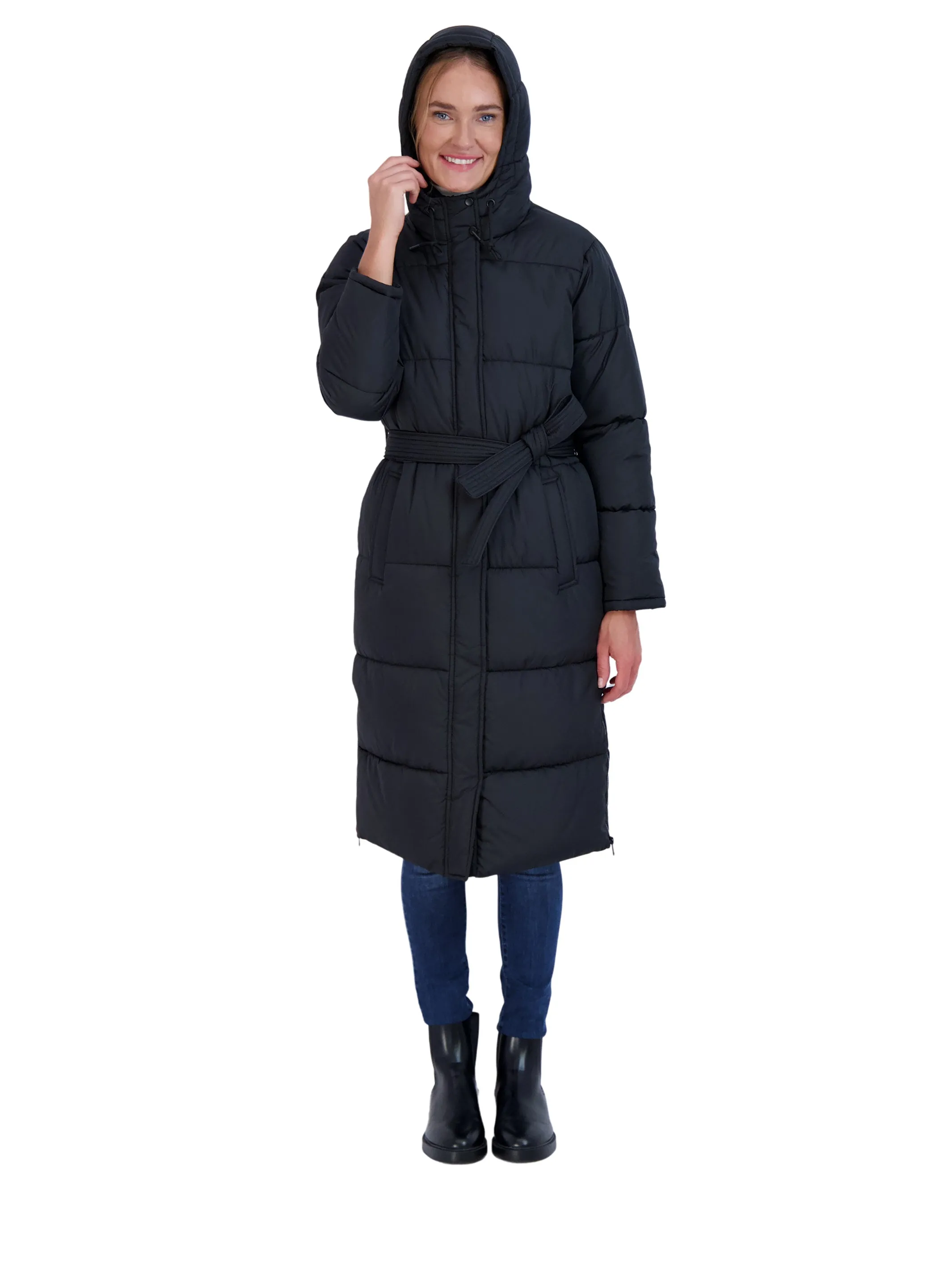 Sebby Collection Women's Long Puffer Jacket with Hood and Belt